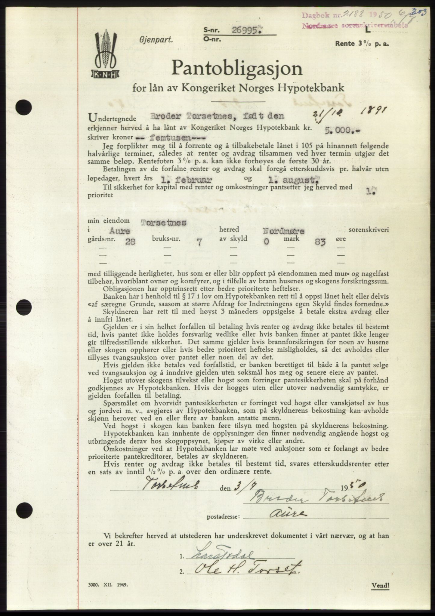 Nordmøre sorenskriveri, AV/SAT-A-4132/1/2/2Ca: Pantebok nr. B105, 1950-1950, Dagboknr: 2188/1950