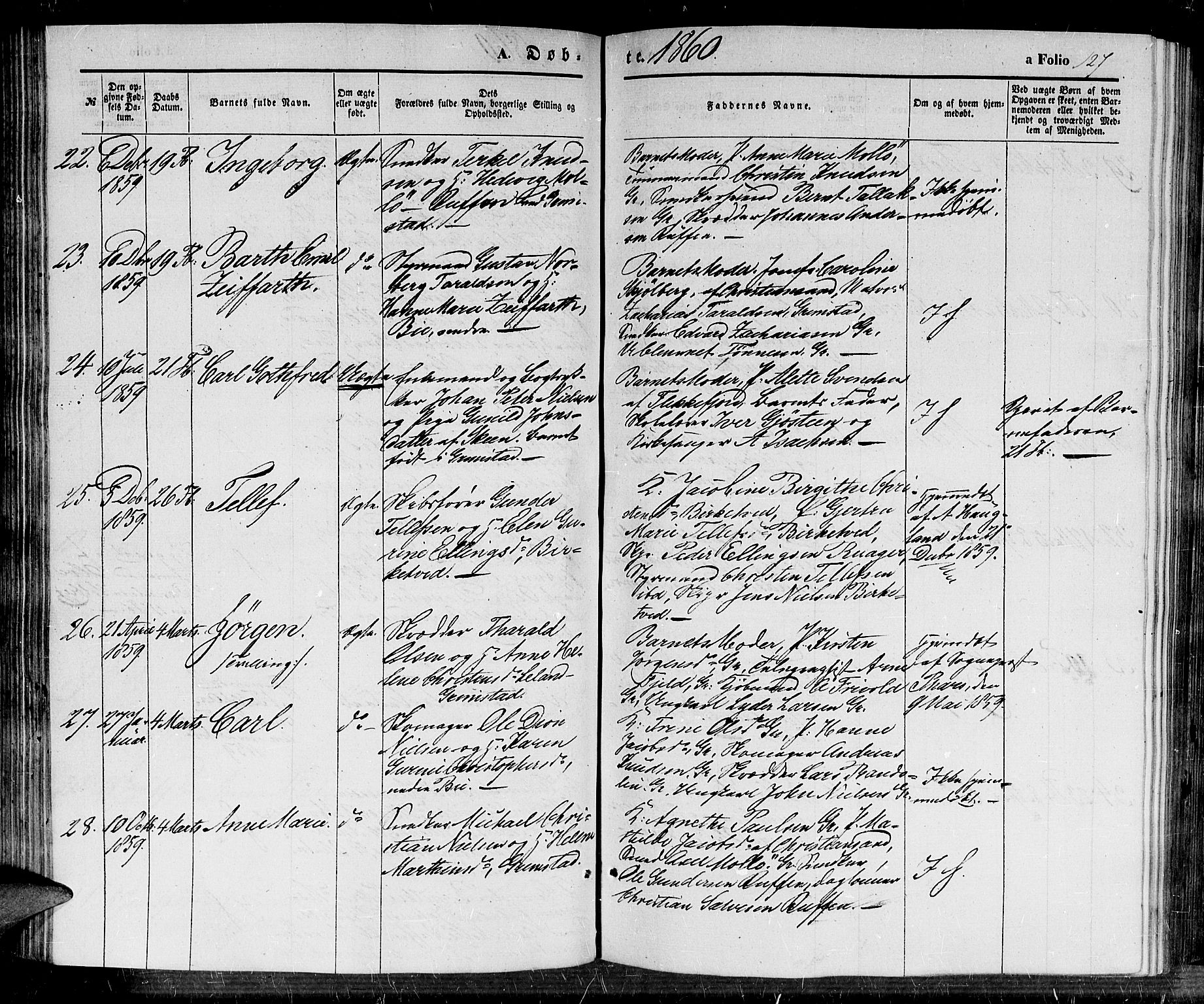 Fjære sokneprestkontor, SAK/1111-0011/F/Fb/L0008: Klokkerbok nr. B 8, 1854-1867, s. 127