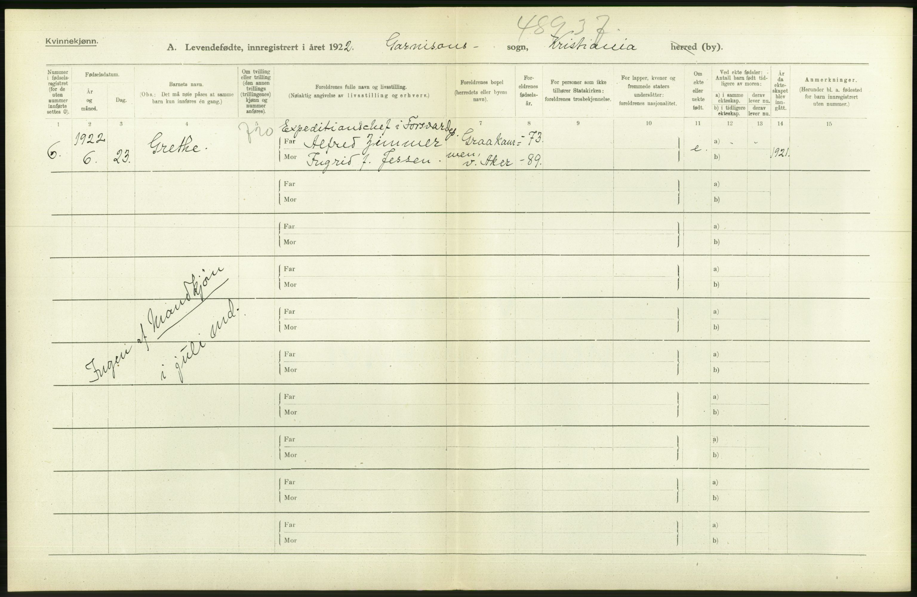 Statistisk sentralbyrå, Sosiodemografiske emner, Befolkning, AV/RA-S-2228/D/Df/Dfc/Dfcb/L0007: Kristiania: Levendefødte menn og kvinner., 1922, s. 162