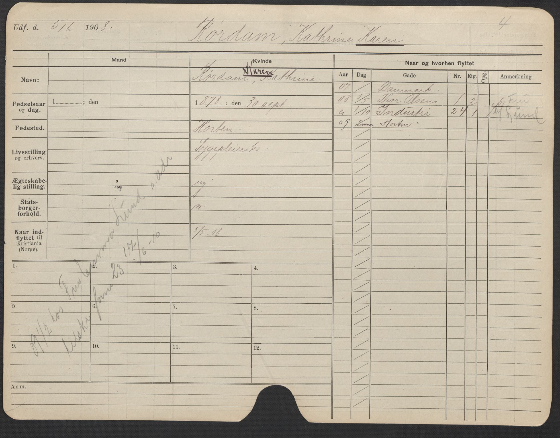 Oslo folkeregister, Registerkort, AV/SAO-A-11715/F/Fa/Fac/L0023: Kvinner, 1906-1914, s. 527a