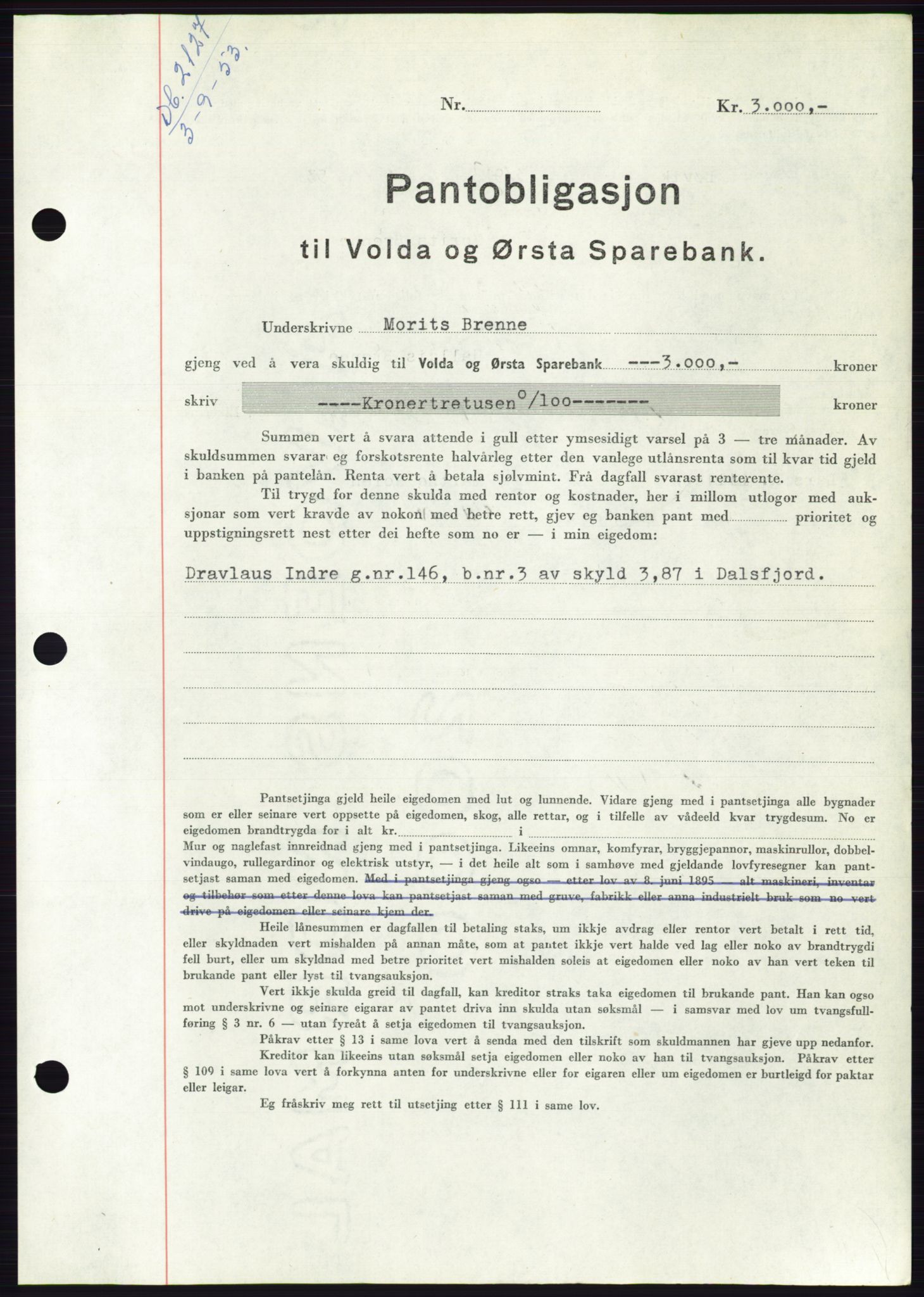 Søre Sunnmøre sorenskriveri, SAT/A-4122/1/2/2C/L0123: Pantebok nr. 11B, 1953-1953, Dagboknr: 2127/1953