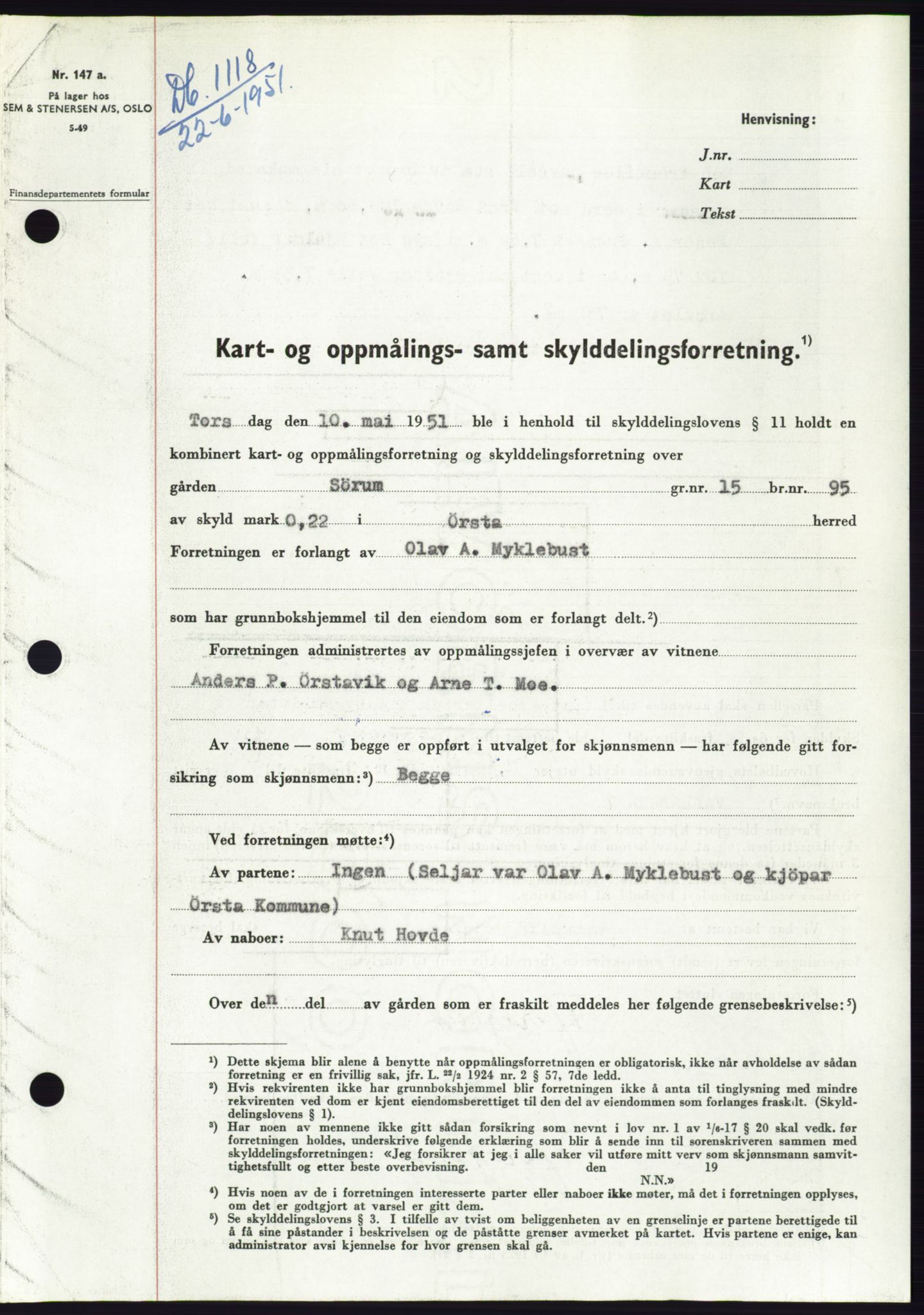 Søre Sunnmøre sorenskriveri, SAT/A-4122/1/2/2C/L0089: Pantebok nr. 15A, 1951-1951, Dagboknr: 1118/1951
