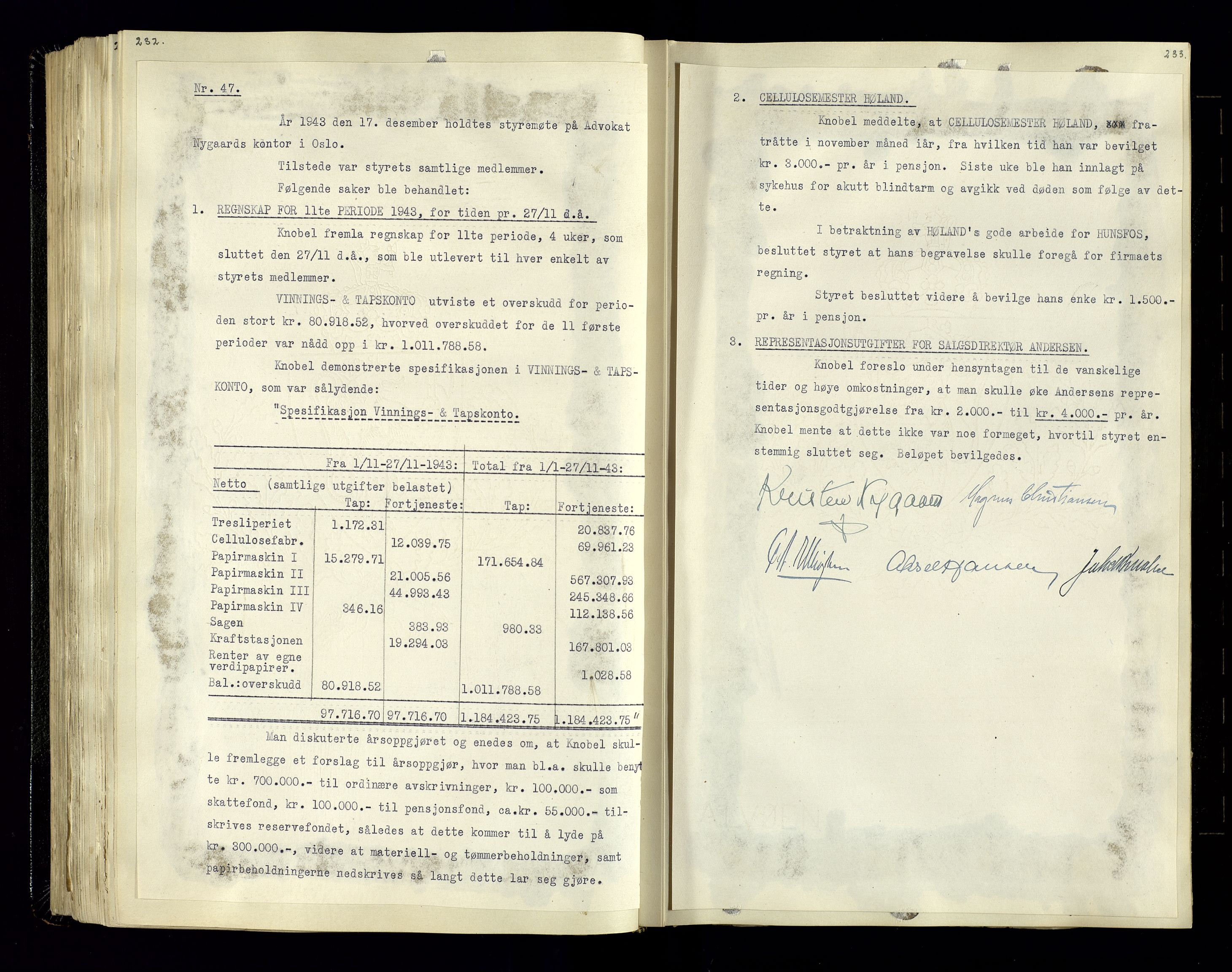 Hunsfos fabrikker, AV/SAK-D/1440/02/L0006: Referatprotokoll fra styremøter, 1938-1950, s. 232-233