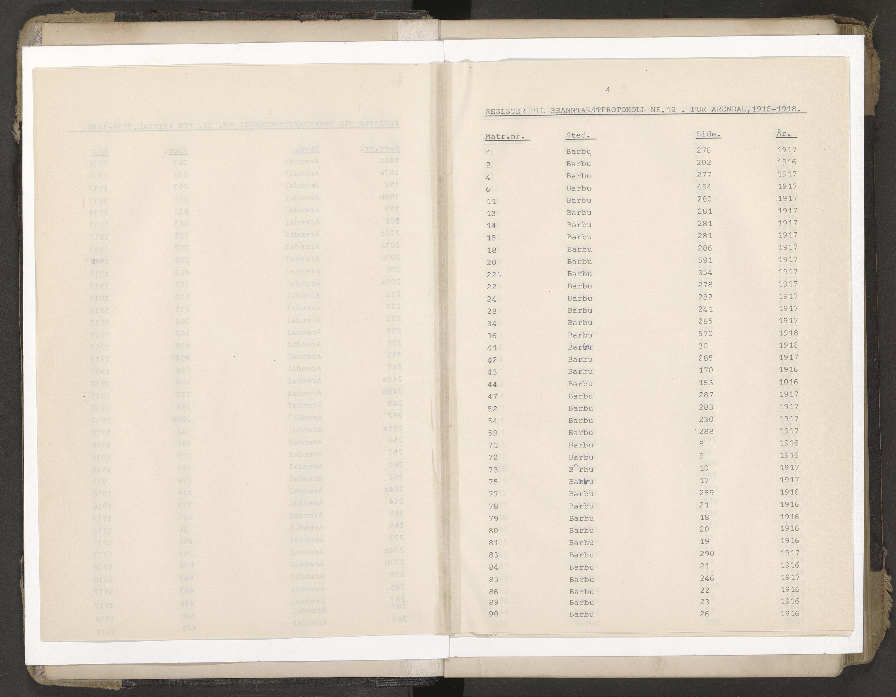 Norges Brannkasse Arendal, AV/SAK-2241-0002/F/Fa/L0029: Branntakstprotokoll nr. 27 med matrikkelnummerregister, 1916-1918