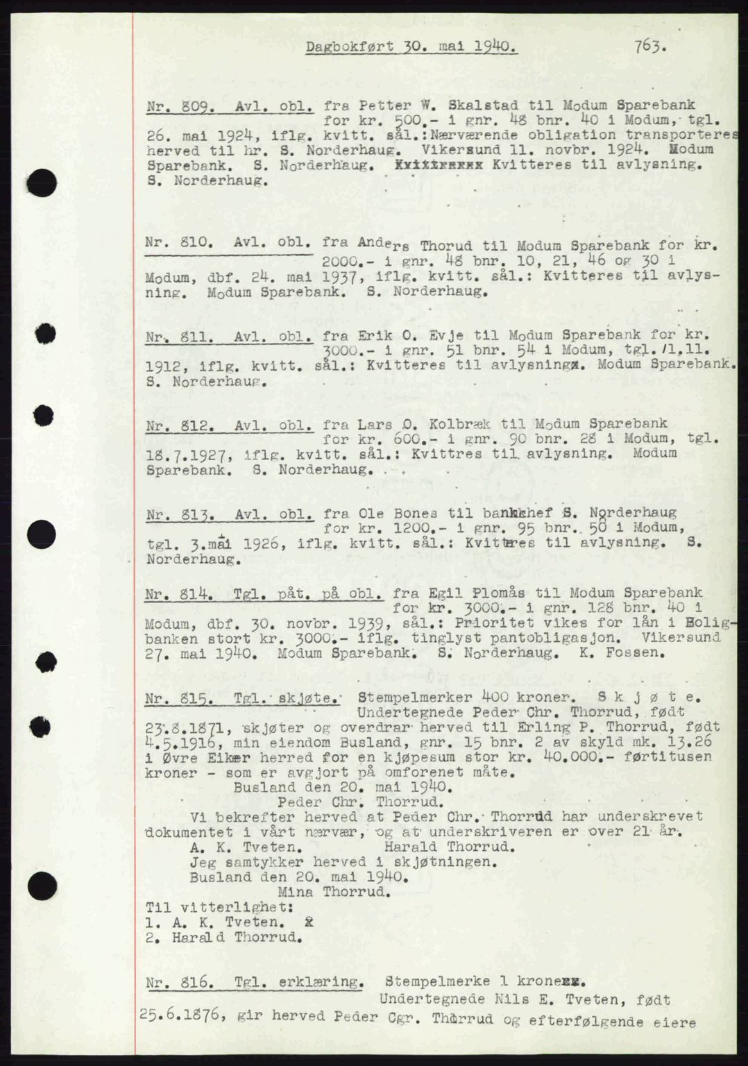 Eiker, Modum og Sigdal sorenskriveri, SAKO/A-123/G/Ga/Gab/L0041: Pantebok nr. A11, 1939-1940, Dagboknr: 809/1940