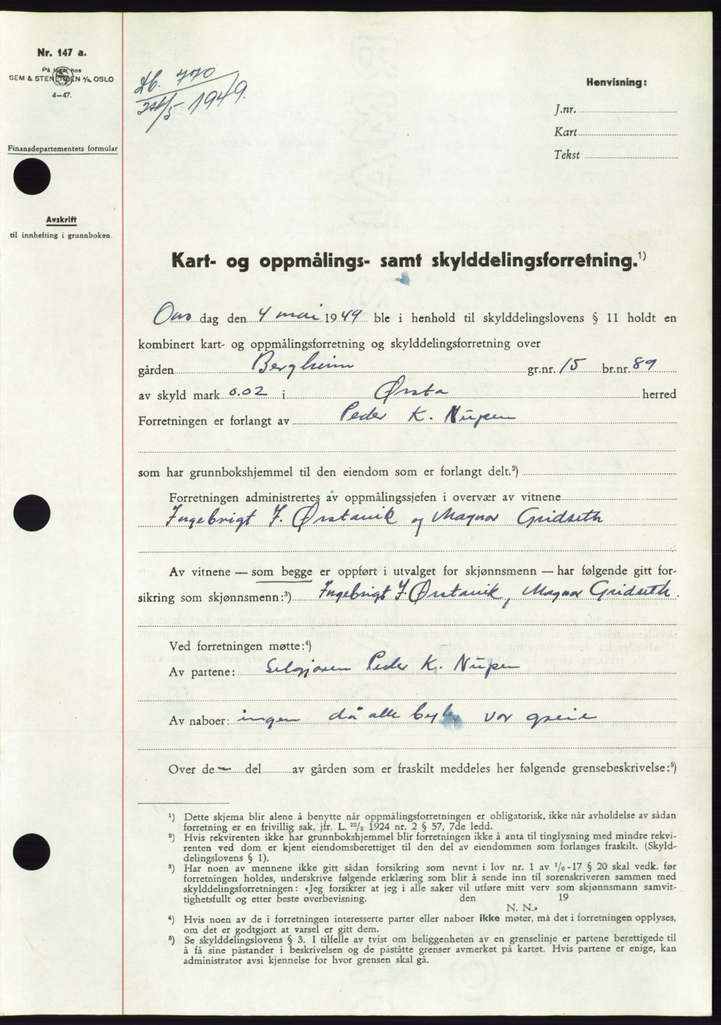 Søre Sunnmøre sorenskriveri, SAT/A-4122/1/2/2C/L0084: Pantebok nr. 10A, 1949-1949, Dagboknr: 770/1949