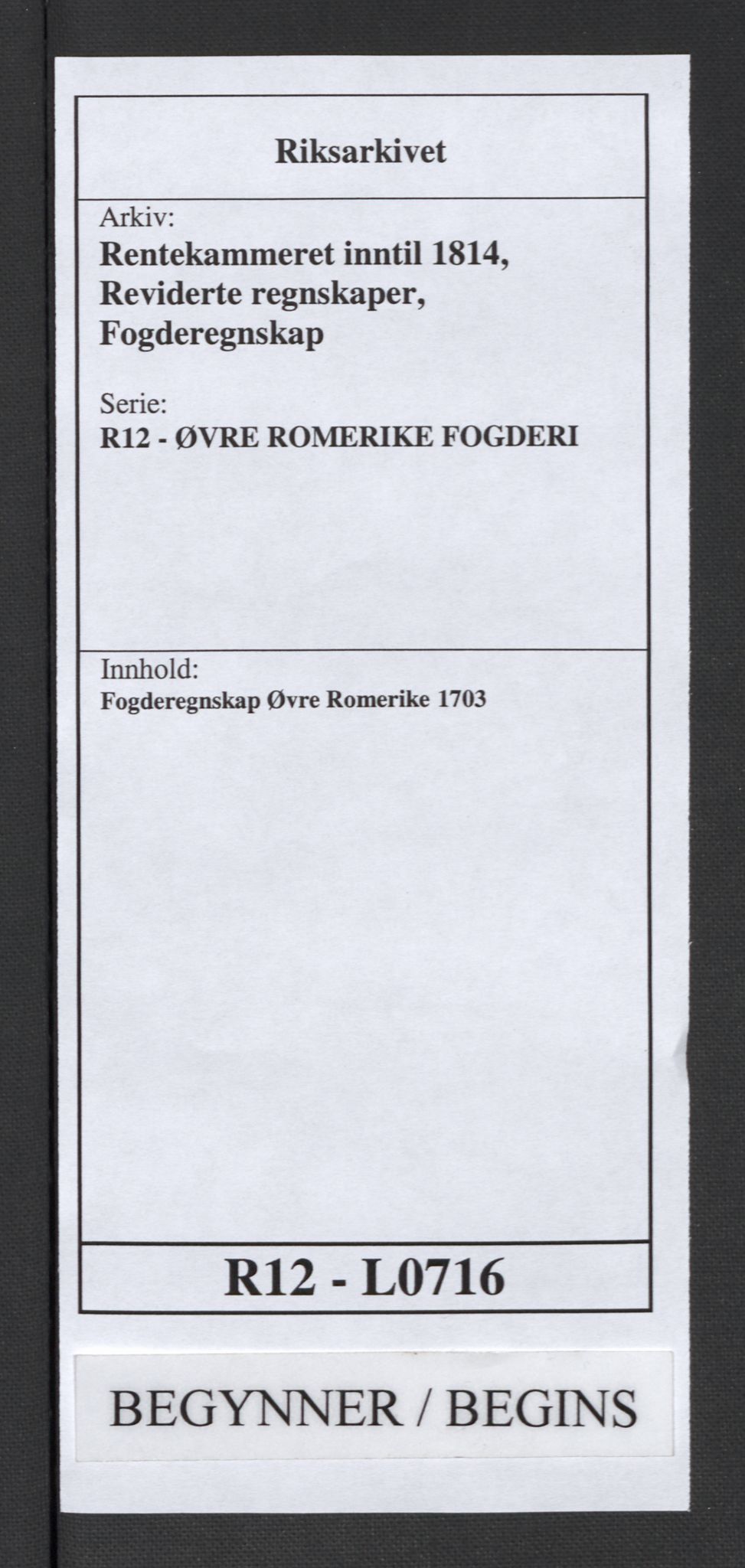 Rentekammeret inntil 1814, Reviderte regnskaper, Fogderegnskap, RA/EA-4092/R12/L0716: Fogderegnskap Øvre Romerike, 1703, s. 1