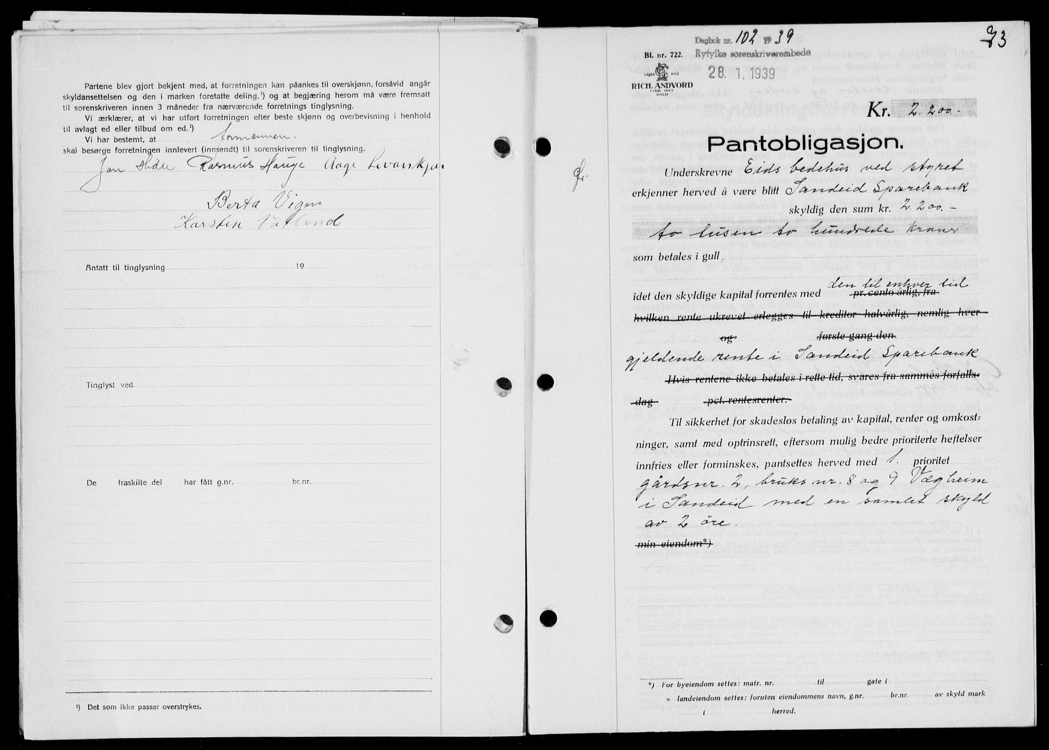 Ryfylke tingrett, SAST/A-100055/001/II/IIB/L0079: Pantebok nr. 58, 1939-1939, Dagboknr: 102/1939