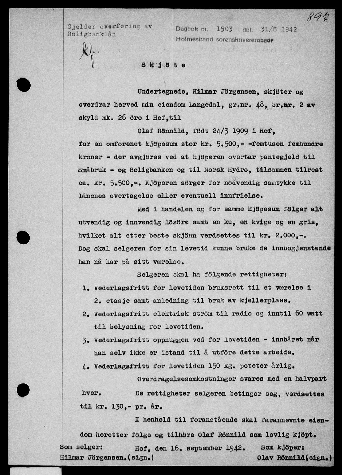 Holmestrand sorenskriveri, SAKO/A-67/G/Ga/Gaa/L0055: Pantebok nr. A-55, 1942-1942, Dagboknr: 1503/1942