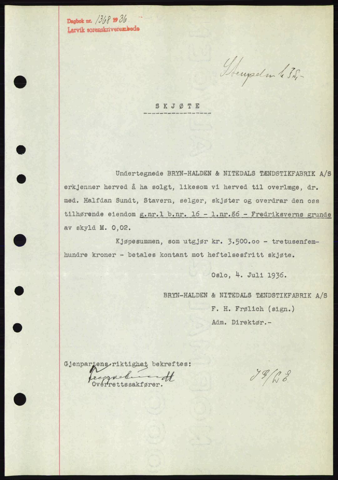 Larvik sorenskriveri, SAKO/A-83/G/Ga/Gab/L0067: Pantebok nr. A-1, 1936-1937, Dagboknr: 1368/1936