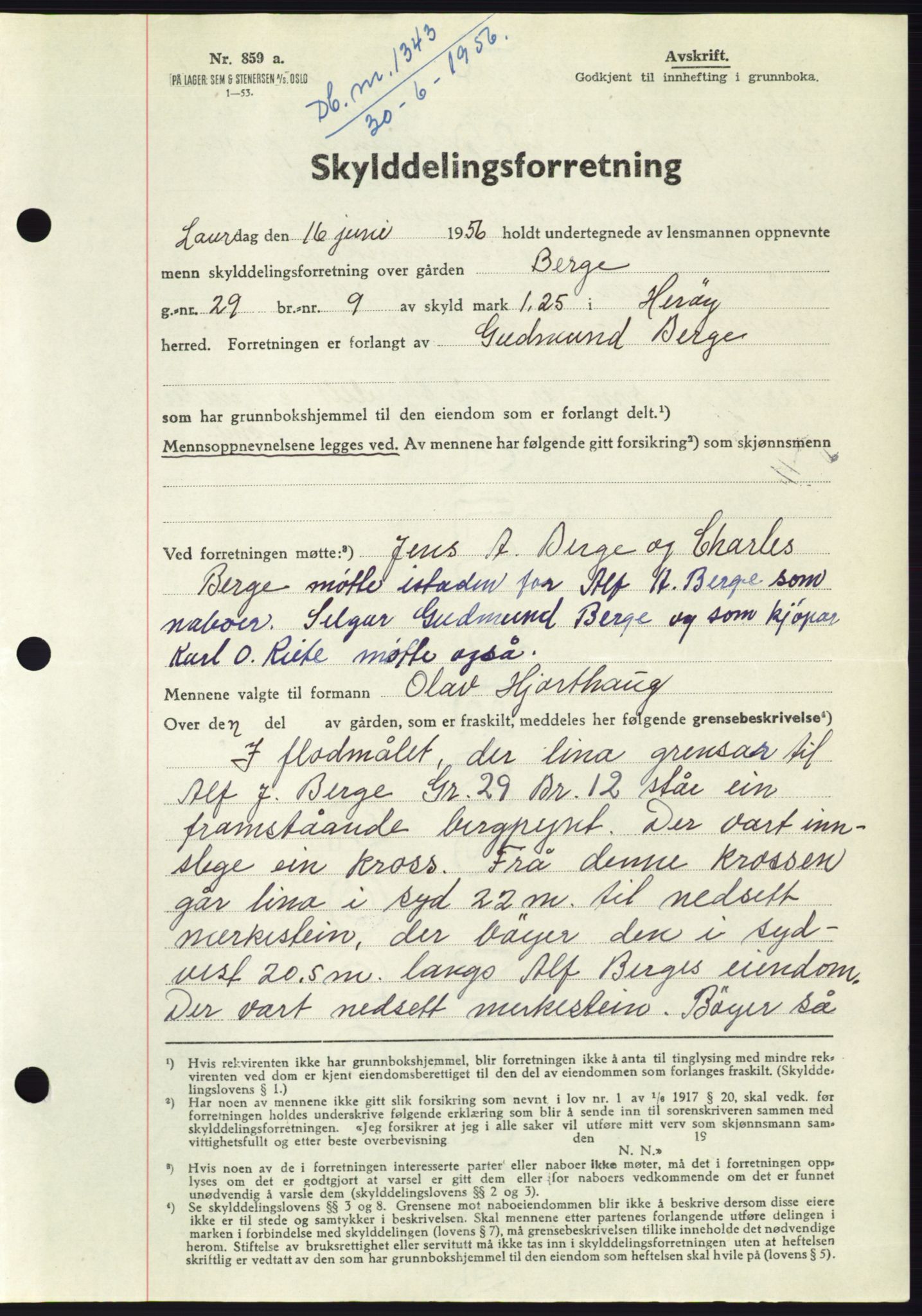 Søre Sunnmøre sorenskriveri, AV/SAT-A-4122/1/2/2C/L0104: Pantebok nr. 30A, 1956-1956, Dagboknr: 1343/1956