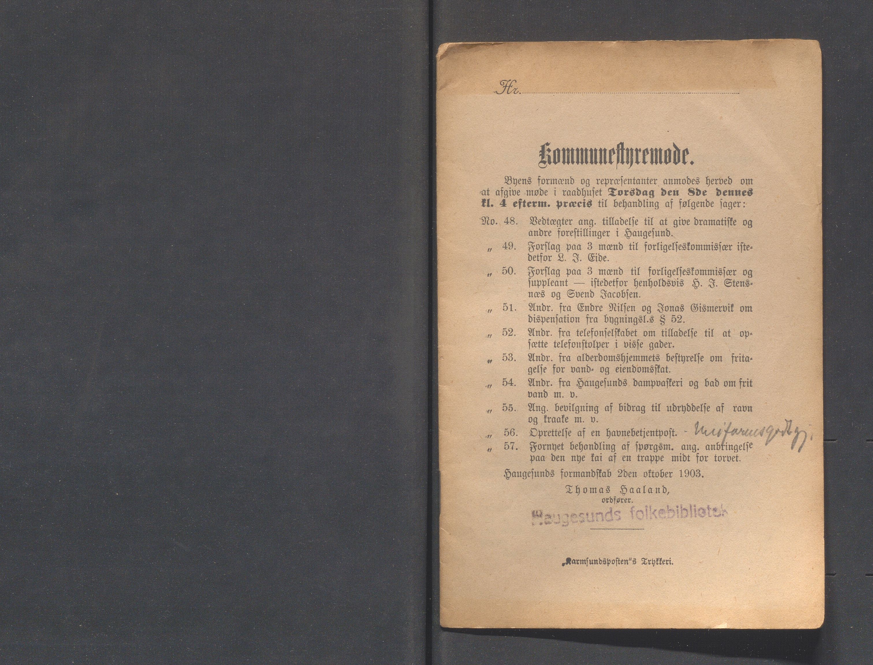 Haugesund kommune - Formannskapet og Bystyret, IKAR/A-740/A/Abb/L0001: Bystyreforhandlinger, 1889-1907, s. 415