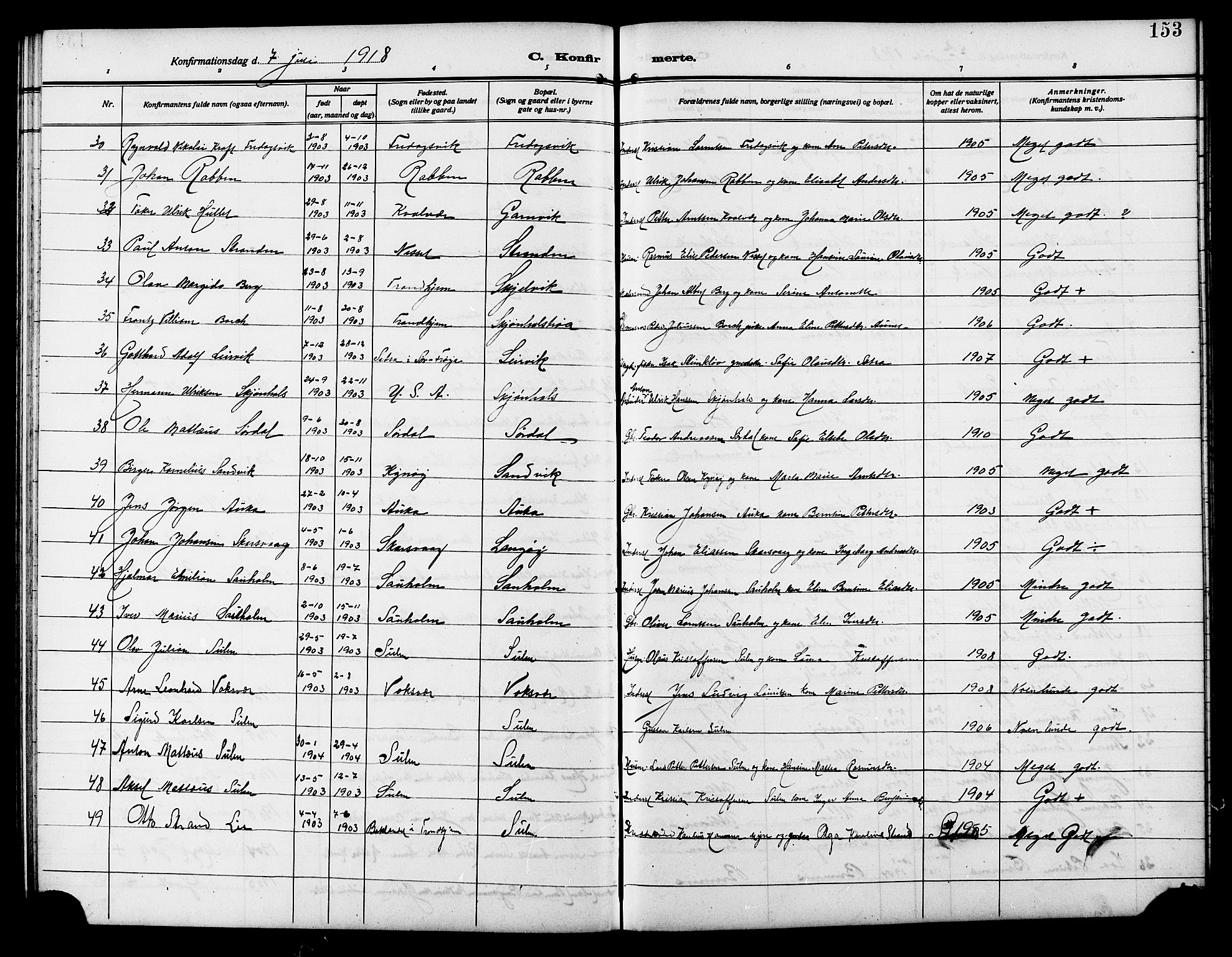 Ministerialprotokoller, klokkerbøker og fødselsregistre - Sør-Trøndelag, AV/SAT-A-1456/640/L0588: Klokkerbok nr. 640C05, 1909-1922, s. 153