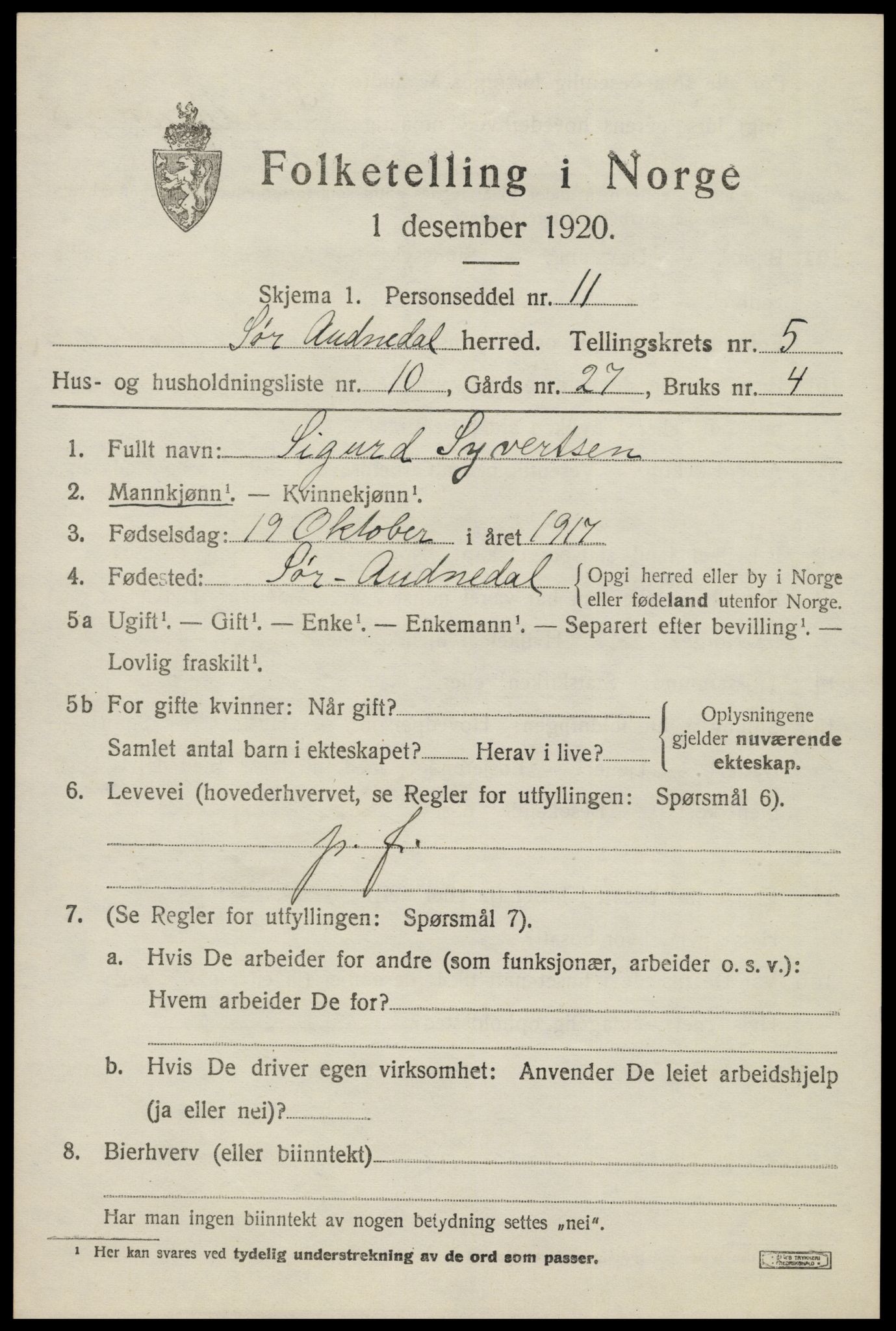 SAK, Folketelling 1920 for 1029 Sør-Audnedal herred, 1920, s. 2593