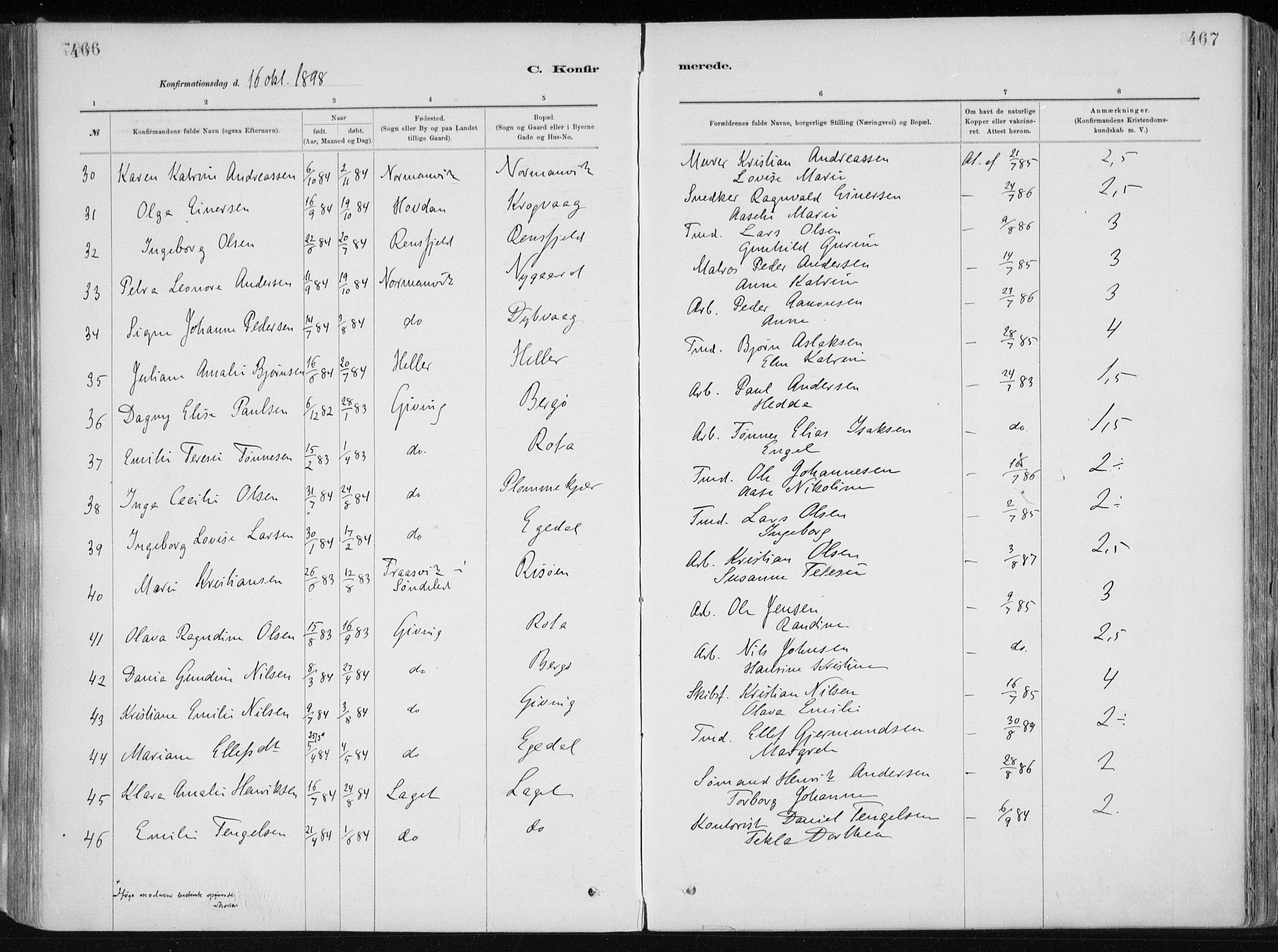 Dypvåg sokneprestkontor, AV/SAK-1111-0007/F/Fa/Faa/L0008: Ministerialbok nr. A 8, 1885-1906, s. 466-467