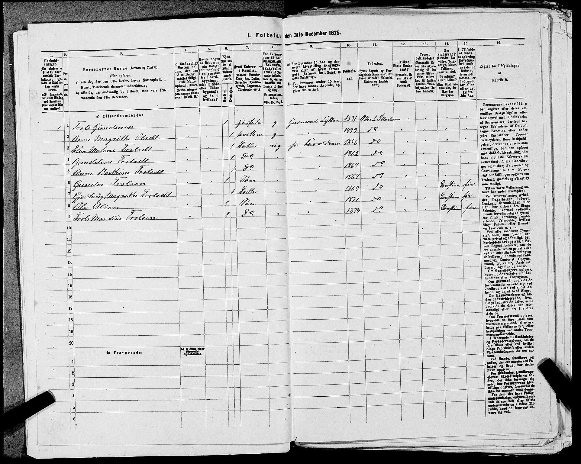 SAST, Folketelling 1875 for 1150L Skudenes prestegjeld, Falnes sokn, Åkra sokn og Ferkingstad sokn, 1875, s. 375