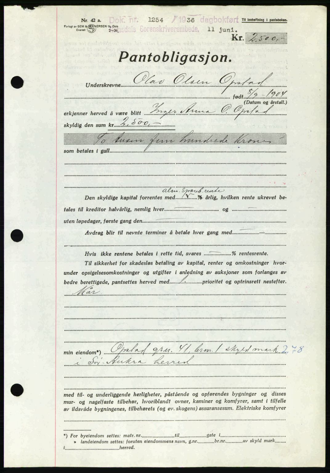 Romsdal sorenskriveri, SAT/A-4149/1/2/2C: Pantebok nr. B1, 1936-1939, Dagboknr: 1254/1936