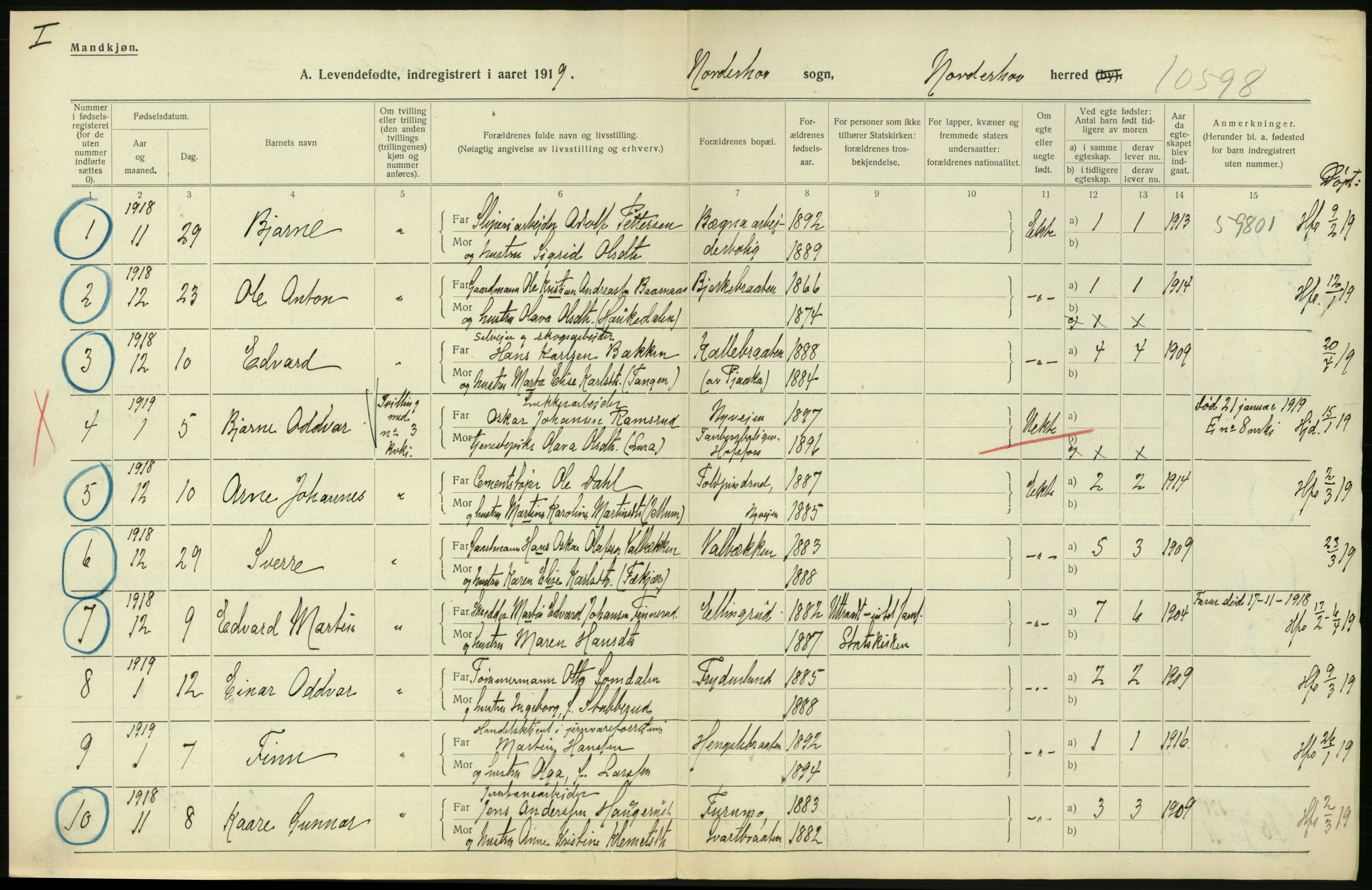 Statistisk sentralbyrå, Sosiodemografiske emner, Befolkning, RA/S-2228/D/Df/Dfb/Dfbi/L0016: Buskerud fylke: Levendefødte menn og kvinner. Bygder., 1919, s. 540