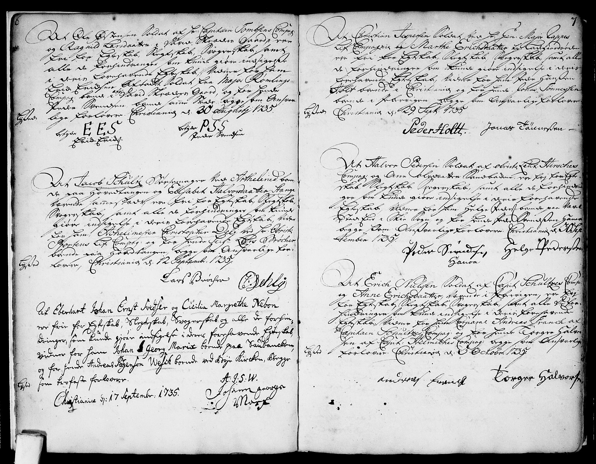 Aker prestekontor kirkebøker, SAO/A-10861/L/L0002: Forlovererklæringer nr. 2, 1734-1773, s. 6-7