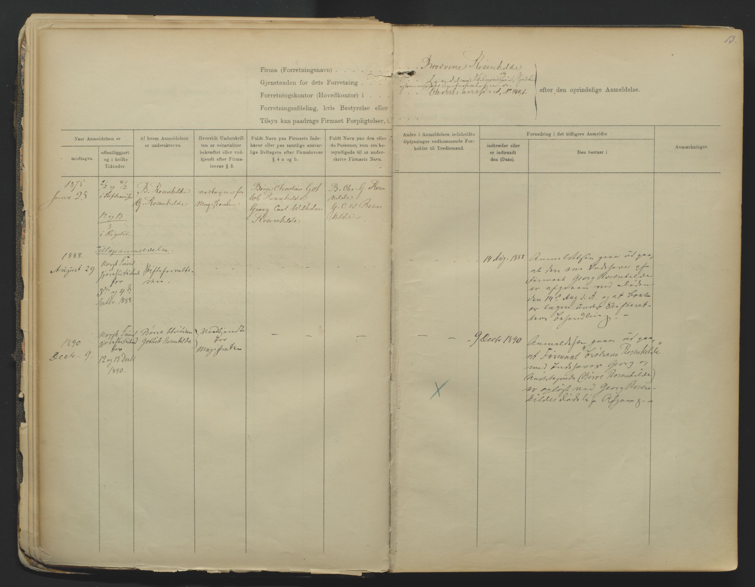 Kristiansand byrett, SAK/1223-0001/K/Kb/L0001: Firmaregister A, med register, 1874-1890, s. 13