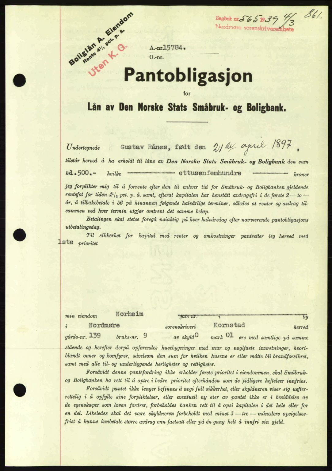 Nordmøre sorenskriveri, SAT/A-4132/1/2/2Ca: Pantebok nr. B84, 1938-1939, Dagboknr: 565/1939