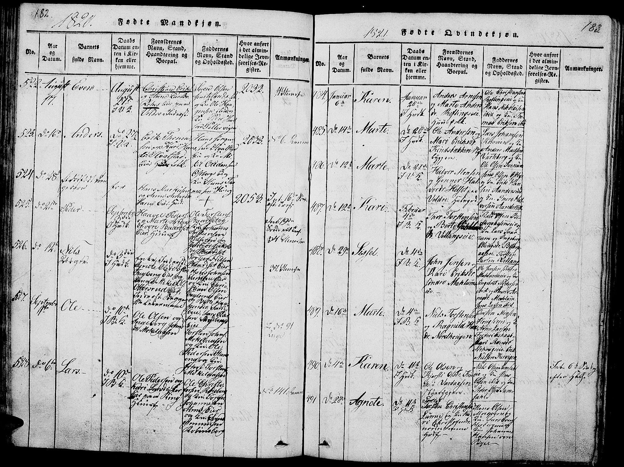 Ringsaker prestekontor, AV/SAH-PREST-014/L/La/L0001: Klokkerbok nr. 1, 1814-1826, s. 182-183