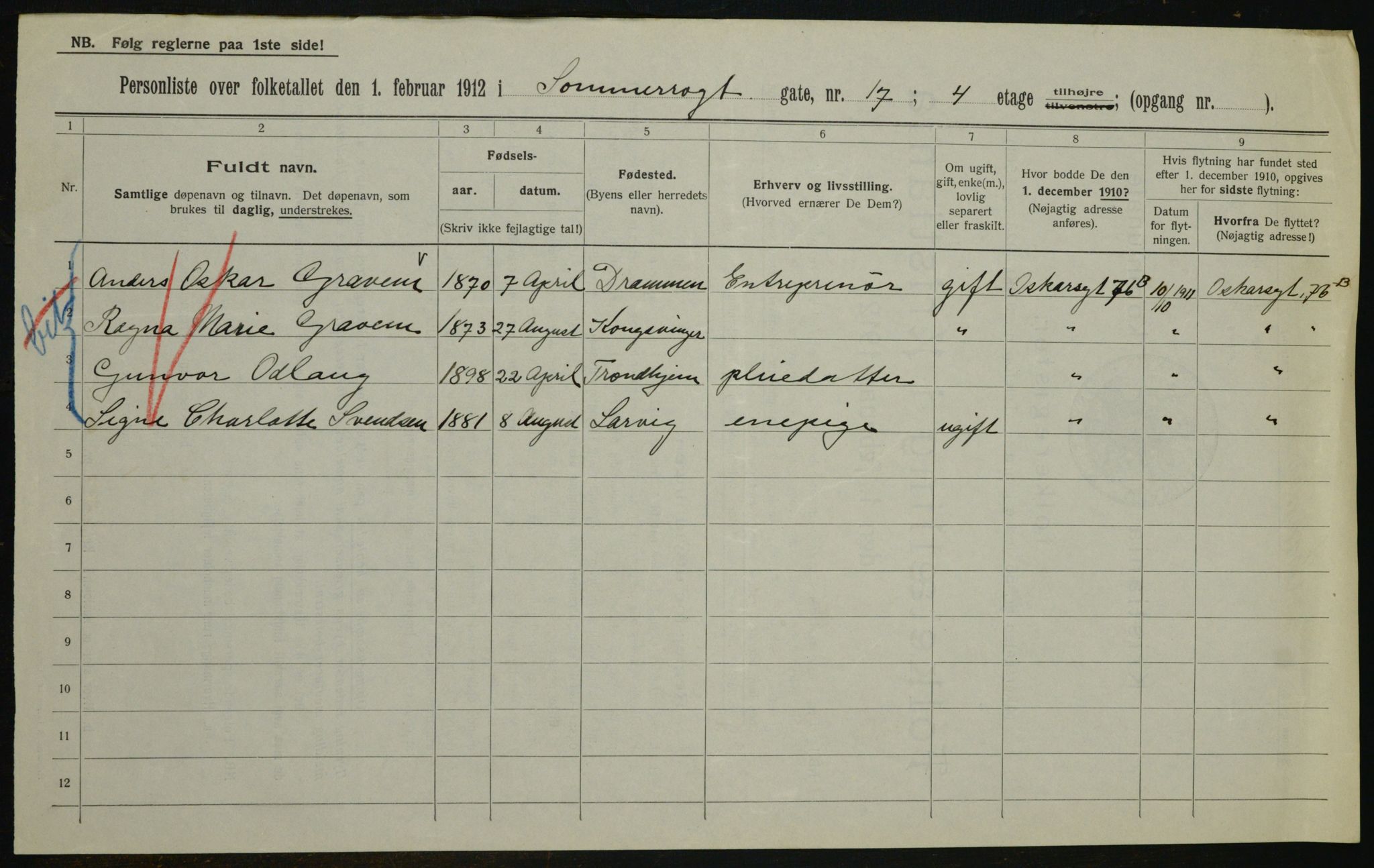 OBA, Kommunal folketelling 1.2.1912 for Kristiania, 1912, s. 100075