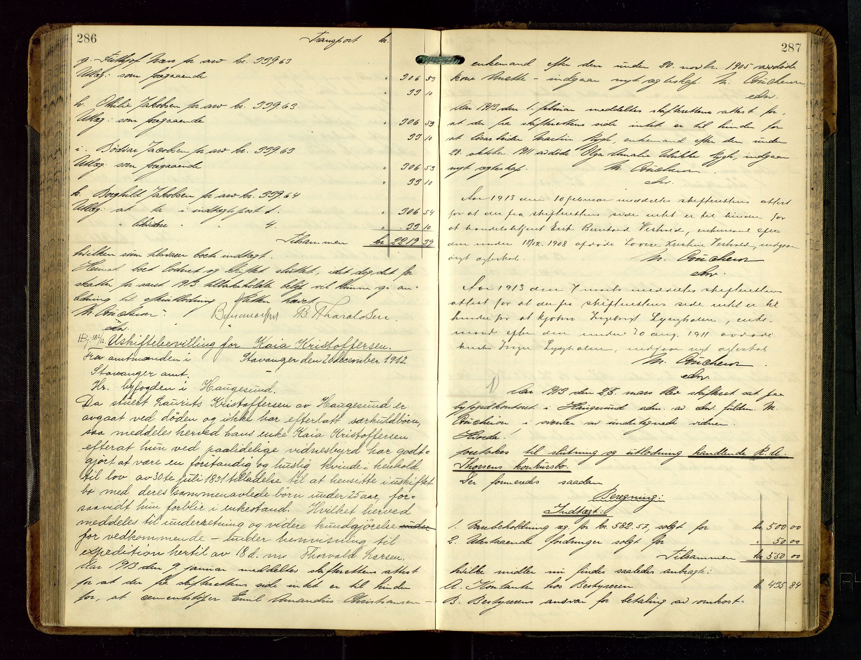 Haugesund tingrett, AV/SAST-A-101415/01/IV/IVD/L0002: Skifteutlodningsprotokoll, med register, 1904-1915, s. 286-287