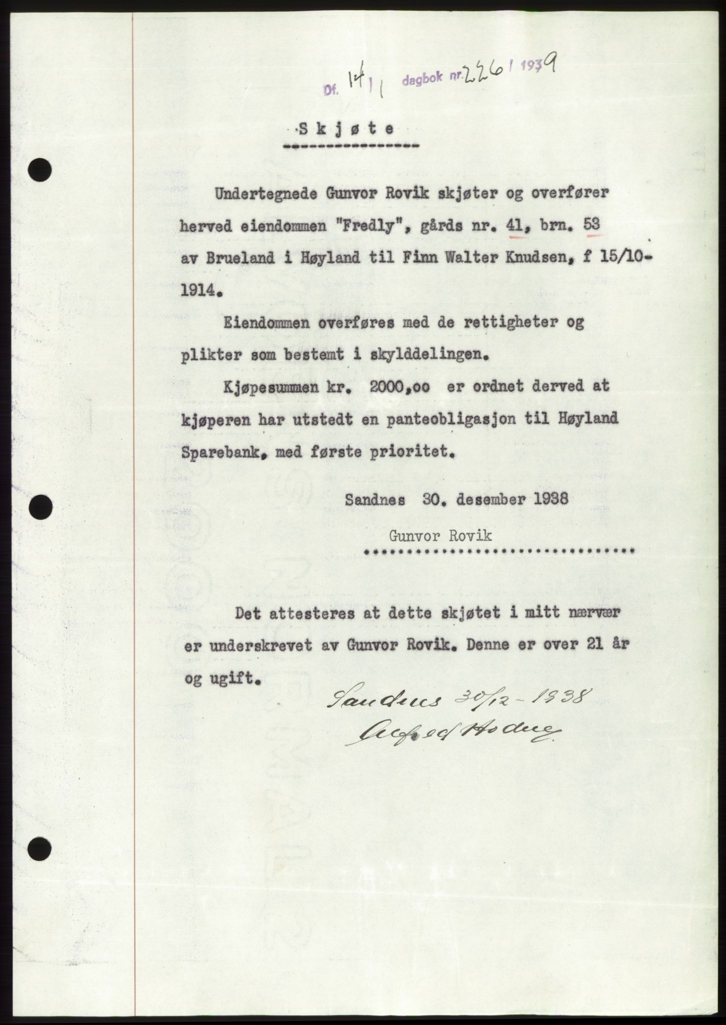 Jæren sorenskriveri, SAST/A-100310/03/G/Gba/L0073: Pantebok, 1939-1939, Dagboknr: 226/1939