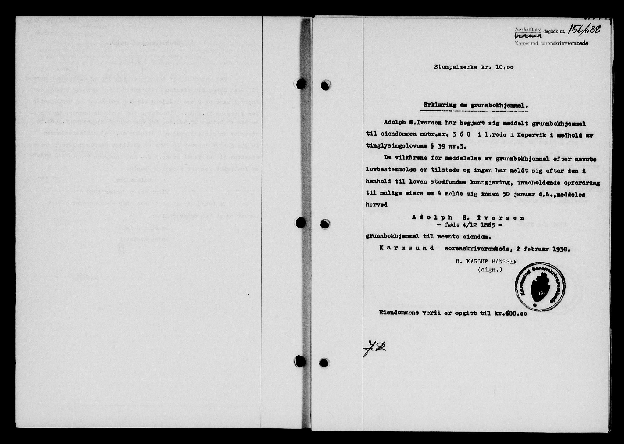 Karmsund sorenskriveri, SAST/A-100311/01/II/IIB/L0069: Pantebok nr. 50A, 1937-1938, Dagboknr: 156/1938