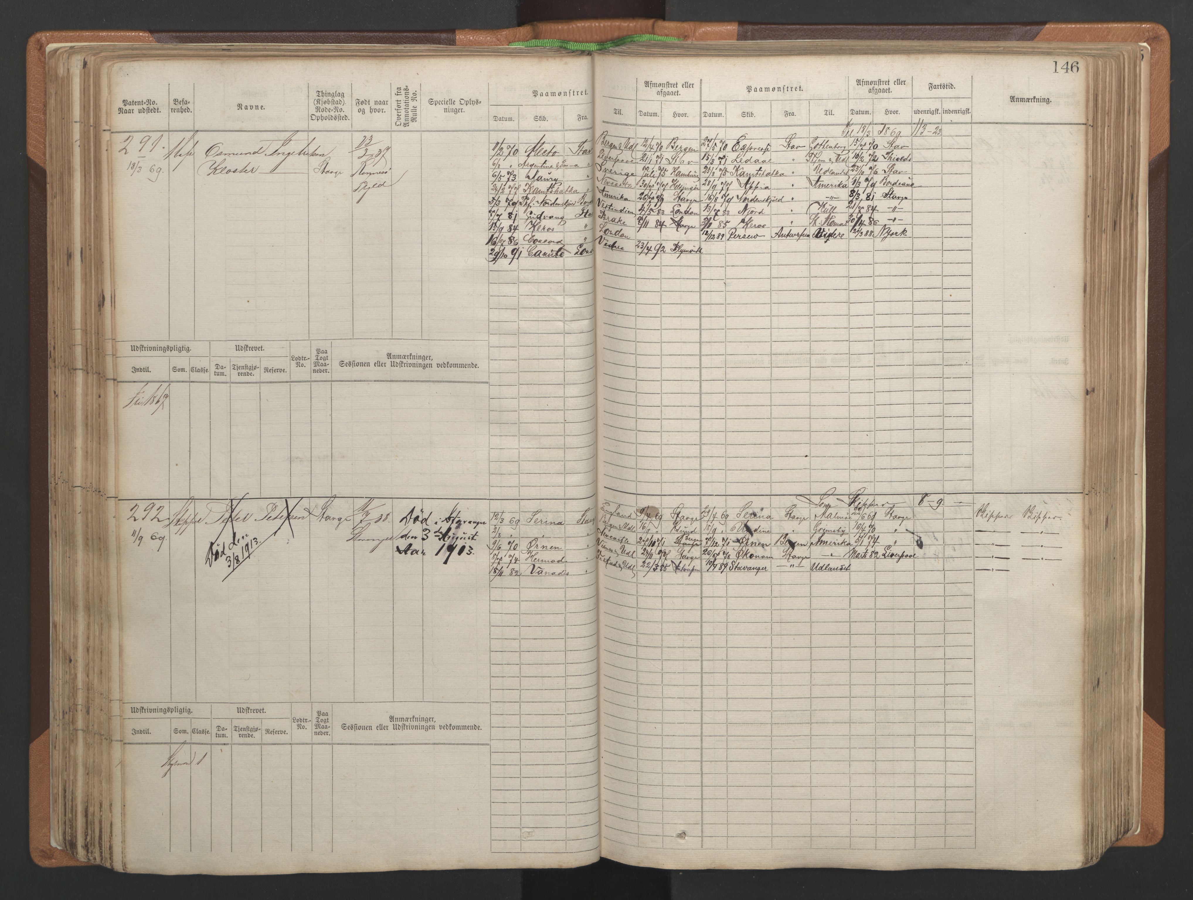 Stavanger sjømannskontor, AV/SAST-A-102006/F/Fb/Fbb/L0004: Sjøfartshovedrulle, patentnr. 1-792 (del 1), 1869-1880, s. 150