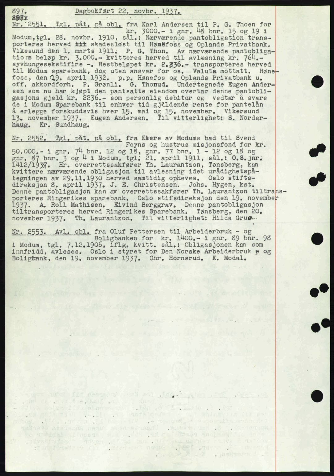 Eiker, Modum og Sigdal sorenskriveri, SAKO/A-123/G/Ga/Gab/L0036: Pantebok nr. A6, 1937-1937, Dagboknr: 2551/1937