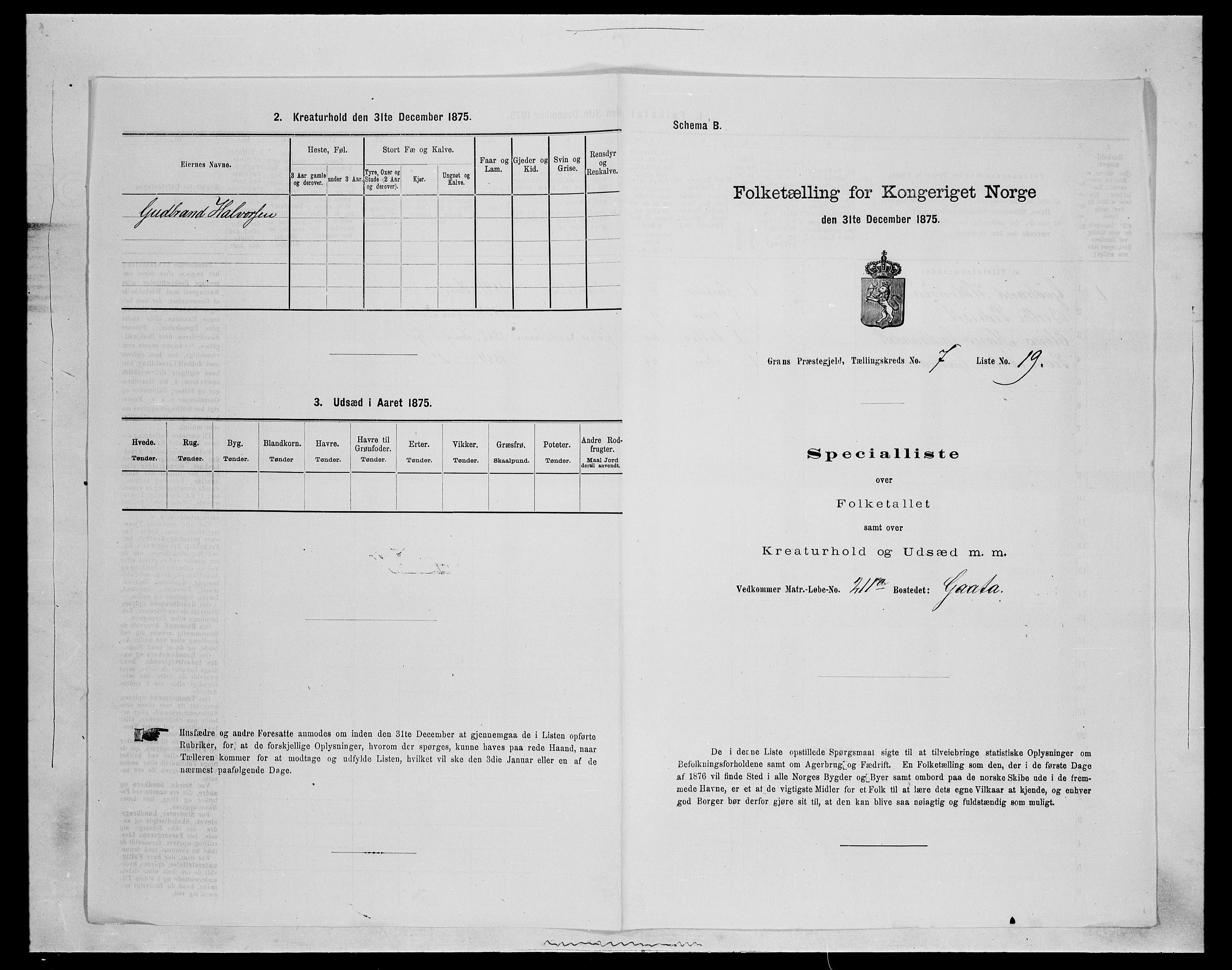 SAH, Folketelling 1875 for 0534P Gran prestegjeld, 1875, s. 1204