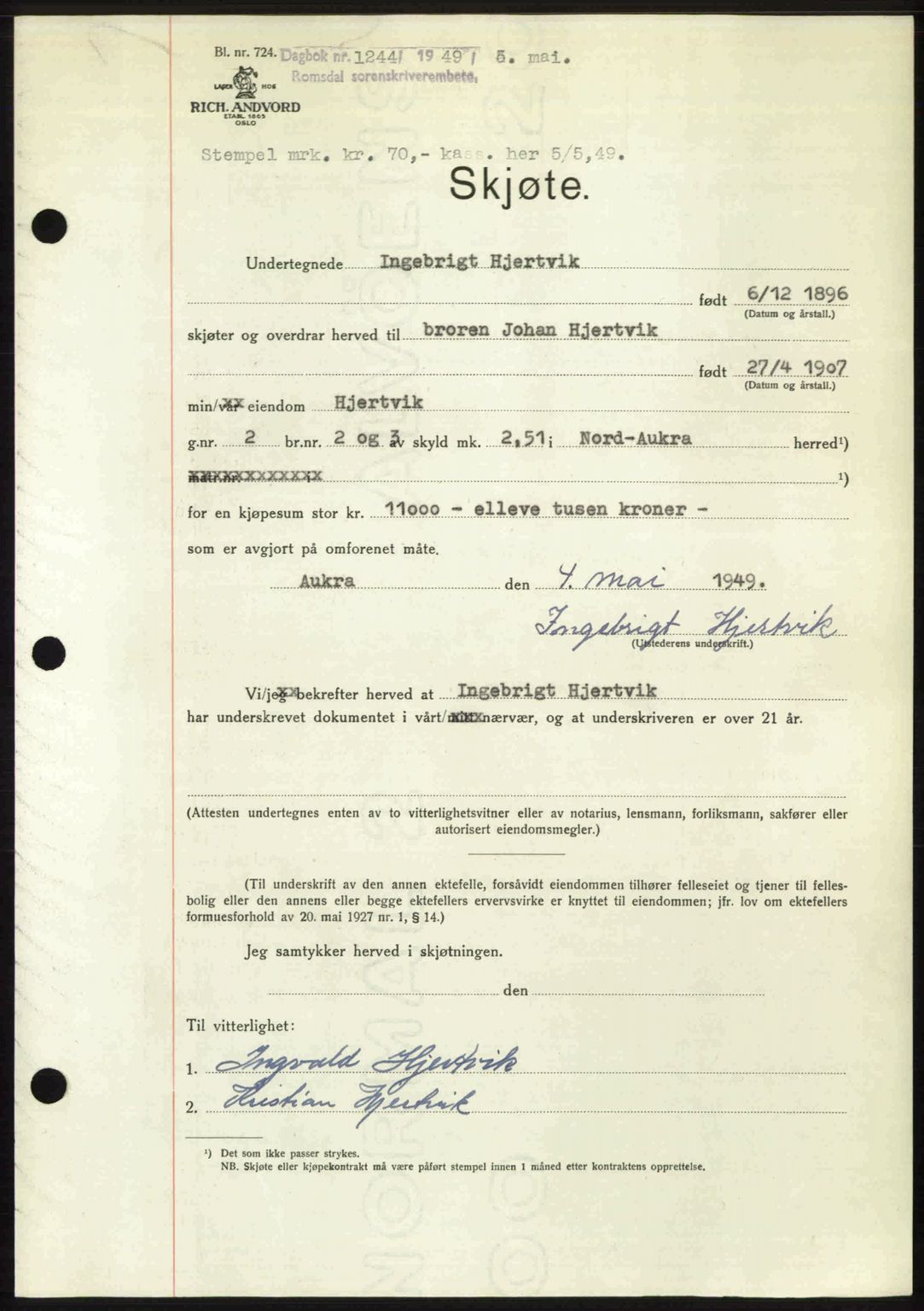 Romsdal sorenskriveri, SAT/A-4149/1/2/2C: Pantebok nr. A29, 1949-1949, Dagboknr: 1244/1949