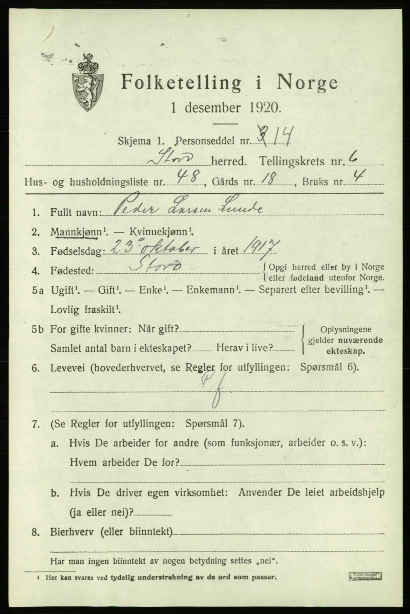 SAB, Folketelling 1920 for 1221 Stord herred, 1920, s. 3067