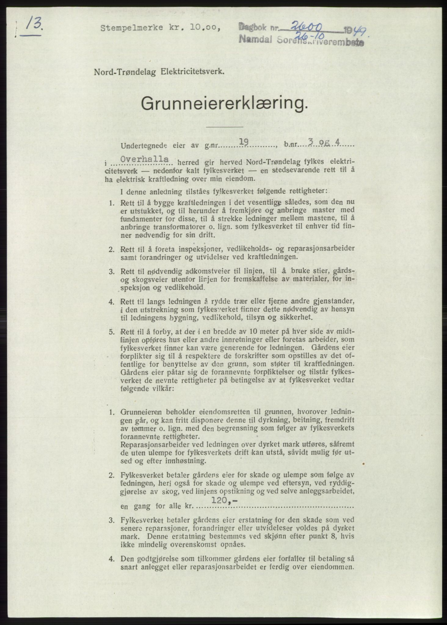 Namdal sorenskriveri, SAT/A-4133/1/2/2C: Pantebok nr. -, 1949-1949, Dagboknr: 2600/1949