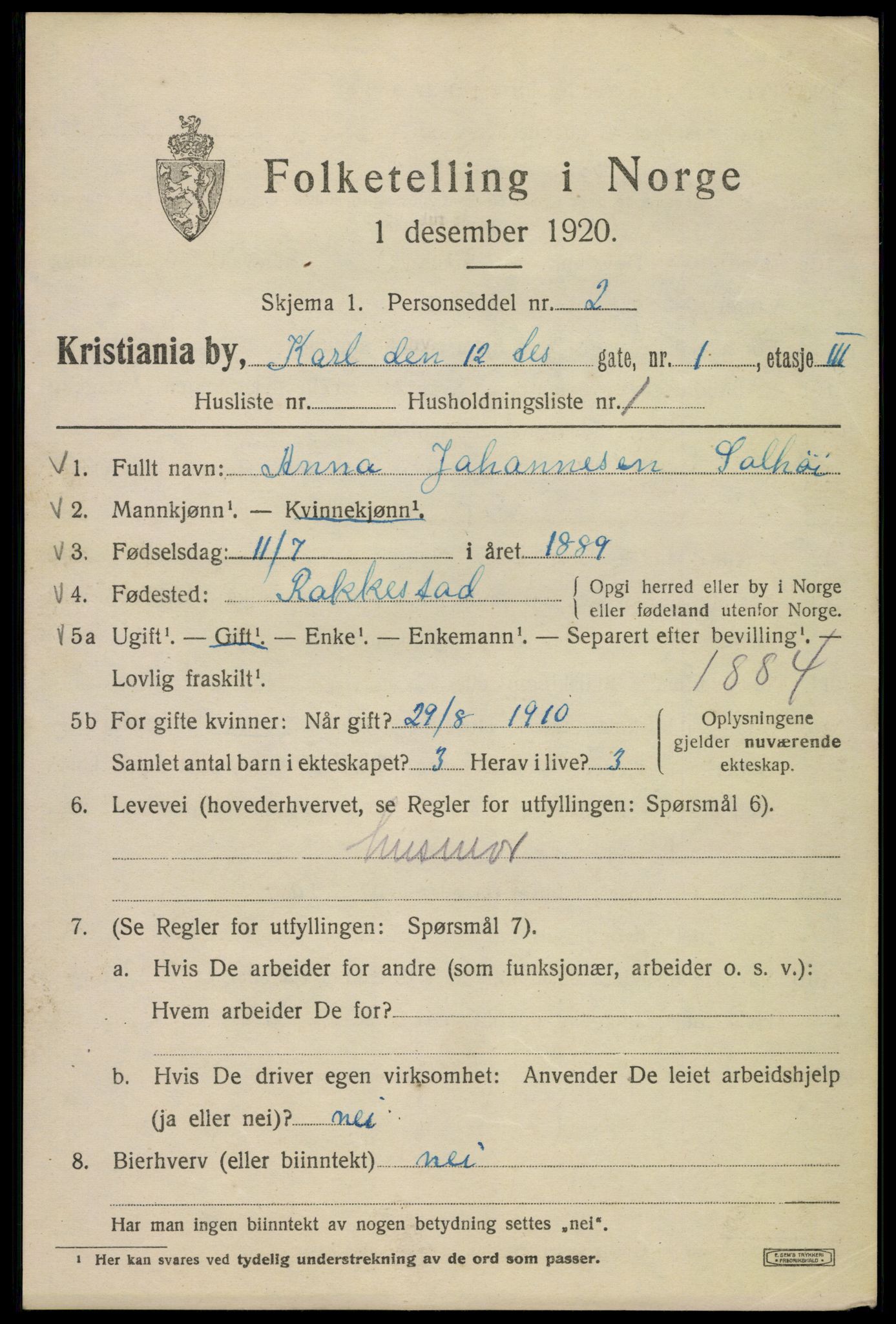 SAO, Folketelling 1920 for 0301 Kristiania kjøpstad, 1920, s. 328771