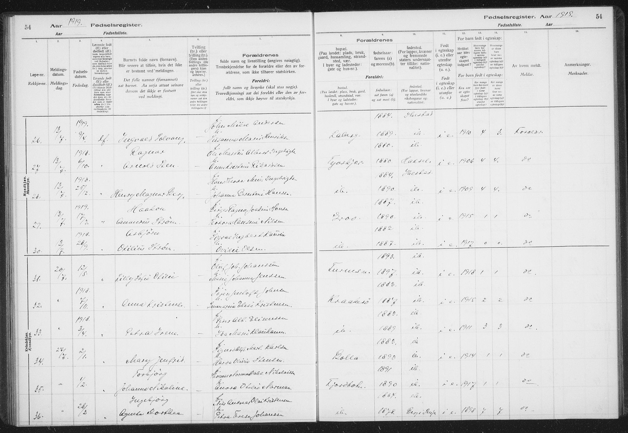 Ibestad sokneprestembete, AV/SATØ-S-0077/I/Ic/L0061: Fødselsregister nr. 61, 1917-1929, s. 54