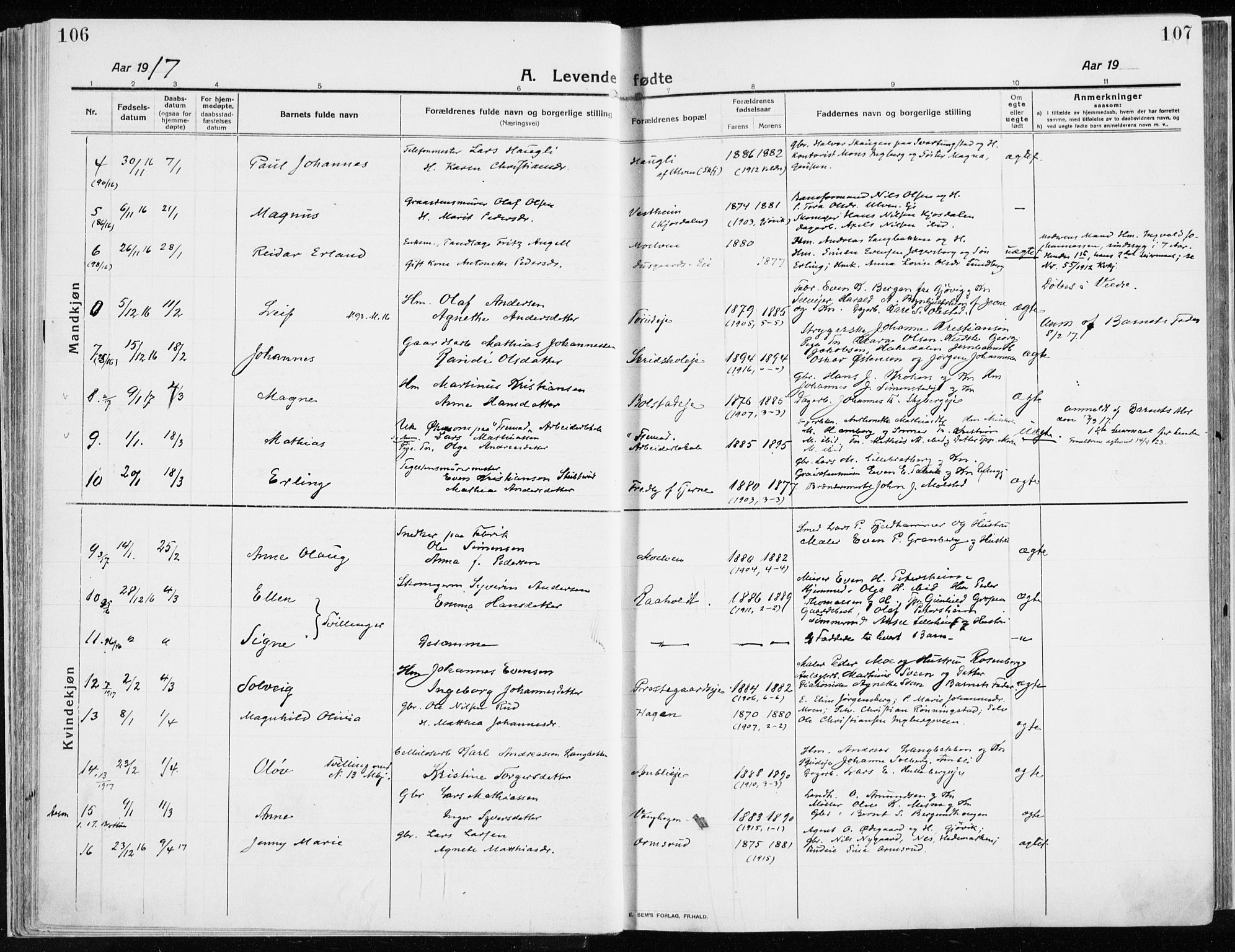 Ringsaker prestekontor, AV/SAH-PREST-014/K/Ka/L0020: Ministerialbok nr. 20, 1913-1922, s. 106-107