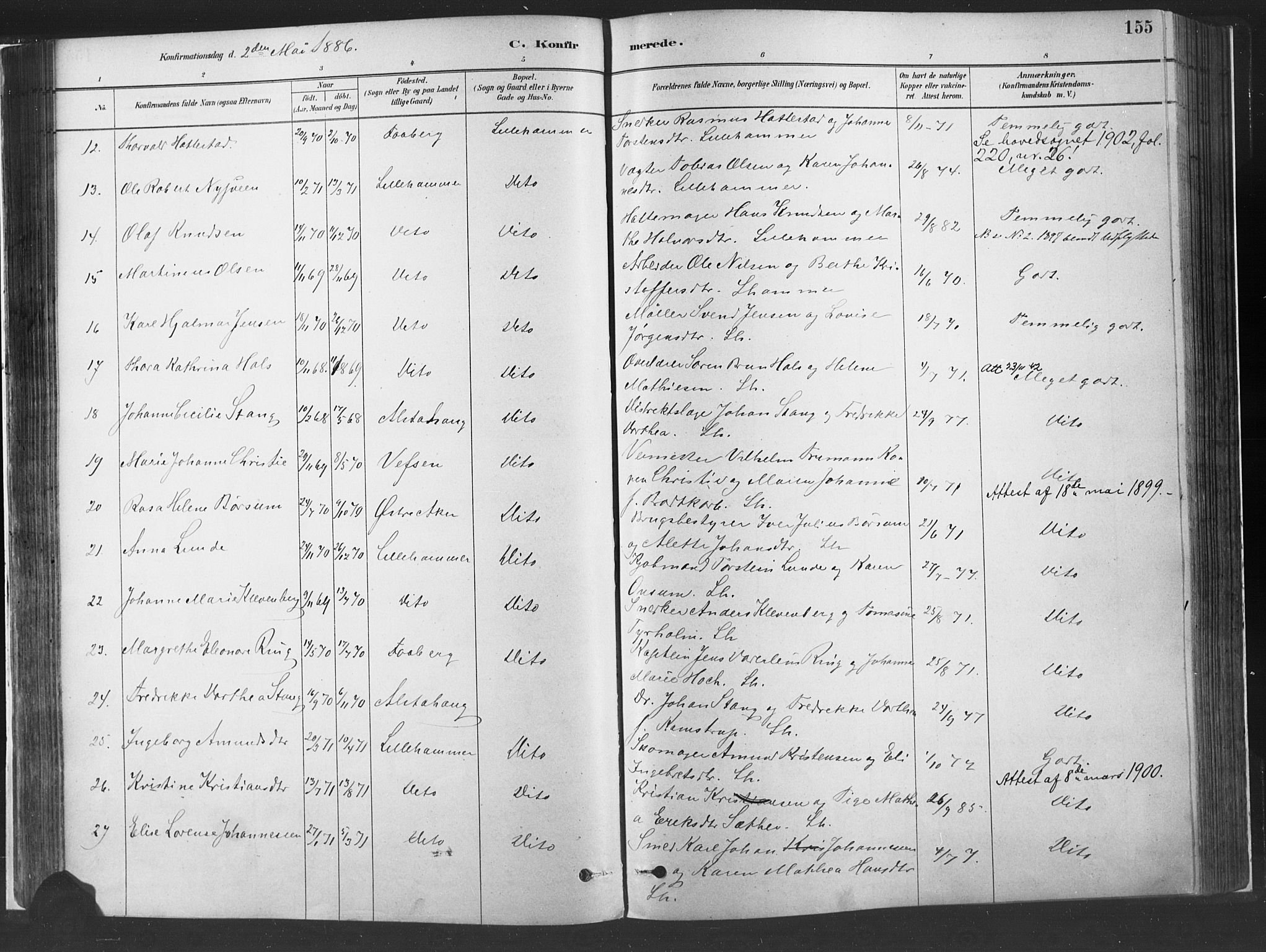 Fåberg prestekontor, AV/SAH-PREST-086/H/Ha/Haa/L0010: Ministerialbok nr. 10, 1879-1900, s. 155
