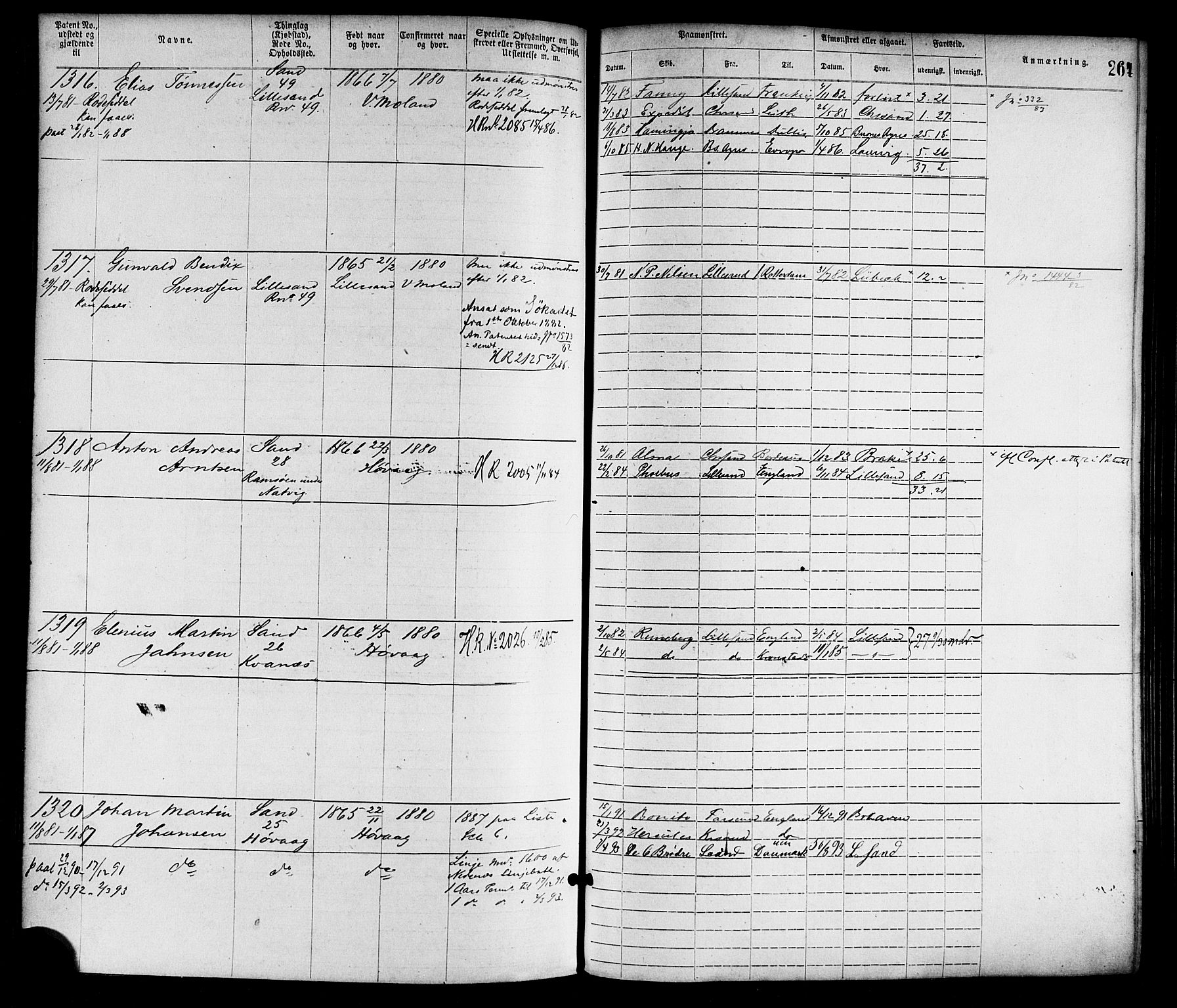 Lillesand mønstringskrets, SAK/2031-0014/F/Fa/L0004: Annotasjonsrulle nr 1-1920 med register, G-1, 1869-1891, s. 290