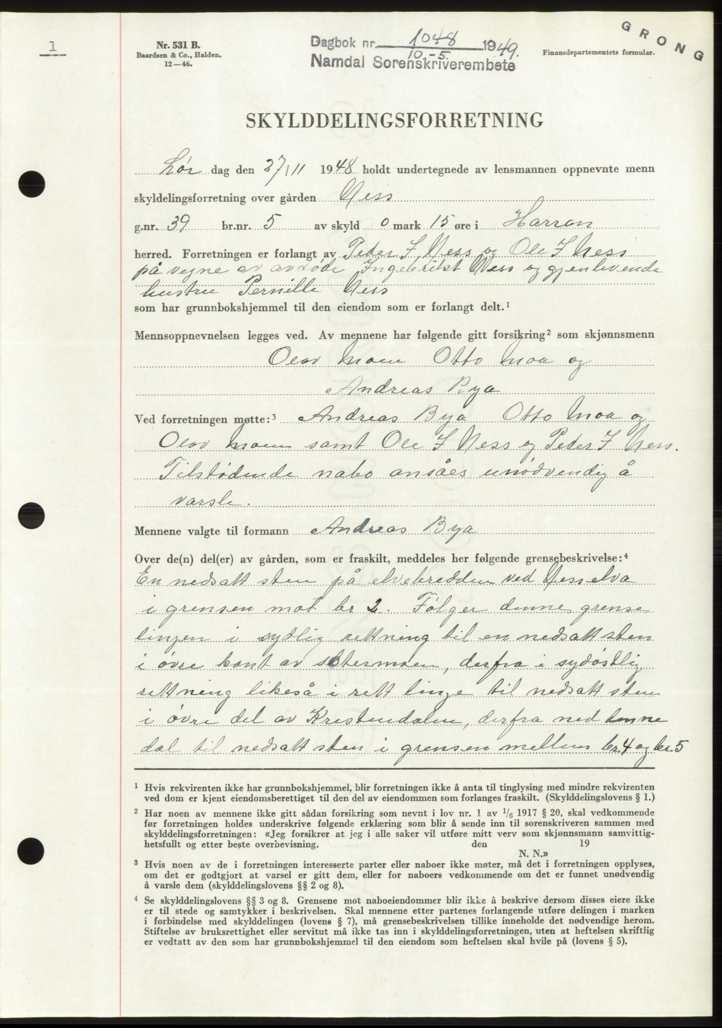 Namdal sorenskriveri, SAT/A-4133/1/2/2C: Pantebok nr. -, 1949-1949, Dagboknr: 1048/1949