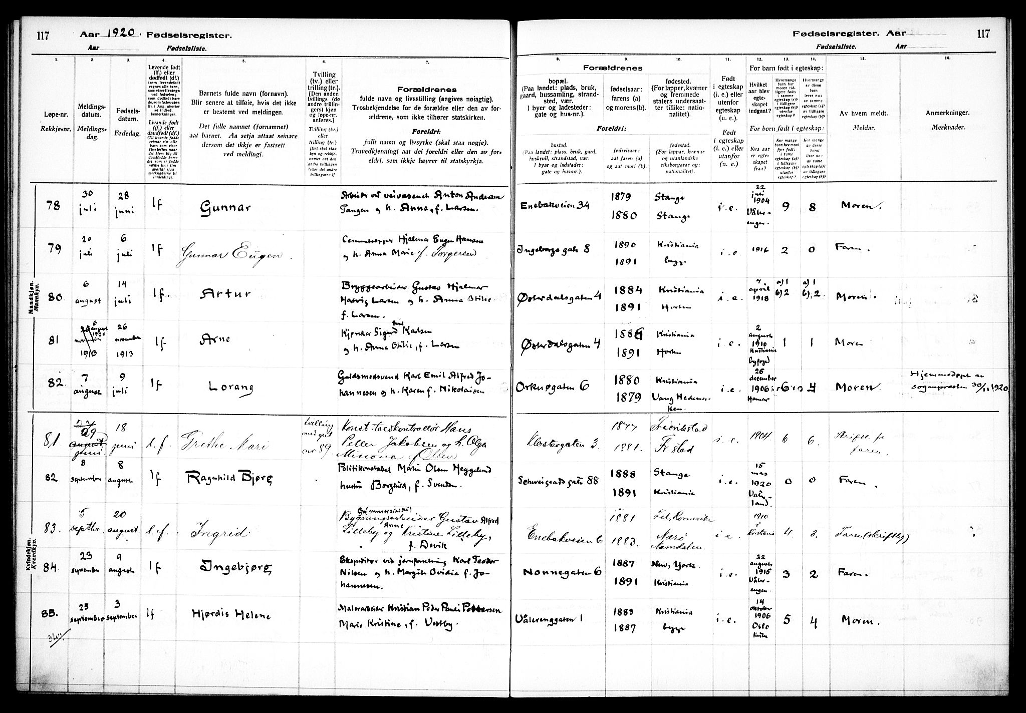 Vålerengen prestekontor Kirkebøker, AV/SAO-A-10878/J/Ja/L0001: Fødselsregister nr. 1, 1916-1924, s. 117