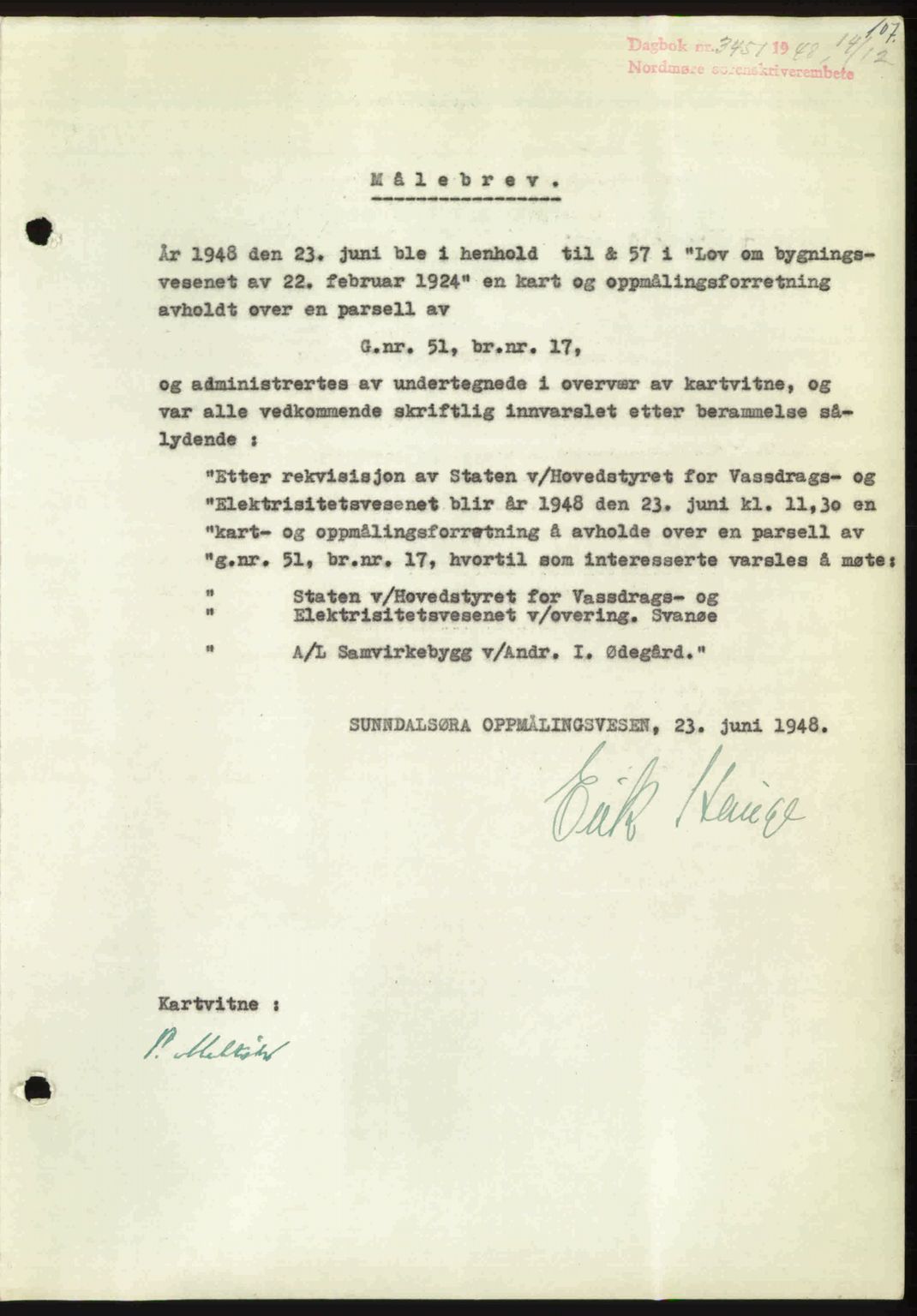 Nordmøre sorenskriveri, SAT/A-4132/1/2/2Ca: Pantebok nr. A110, 1948-1949, Dagboknr: 3451/1948