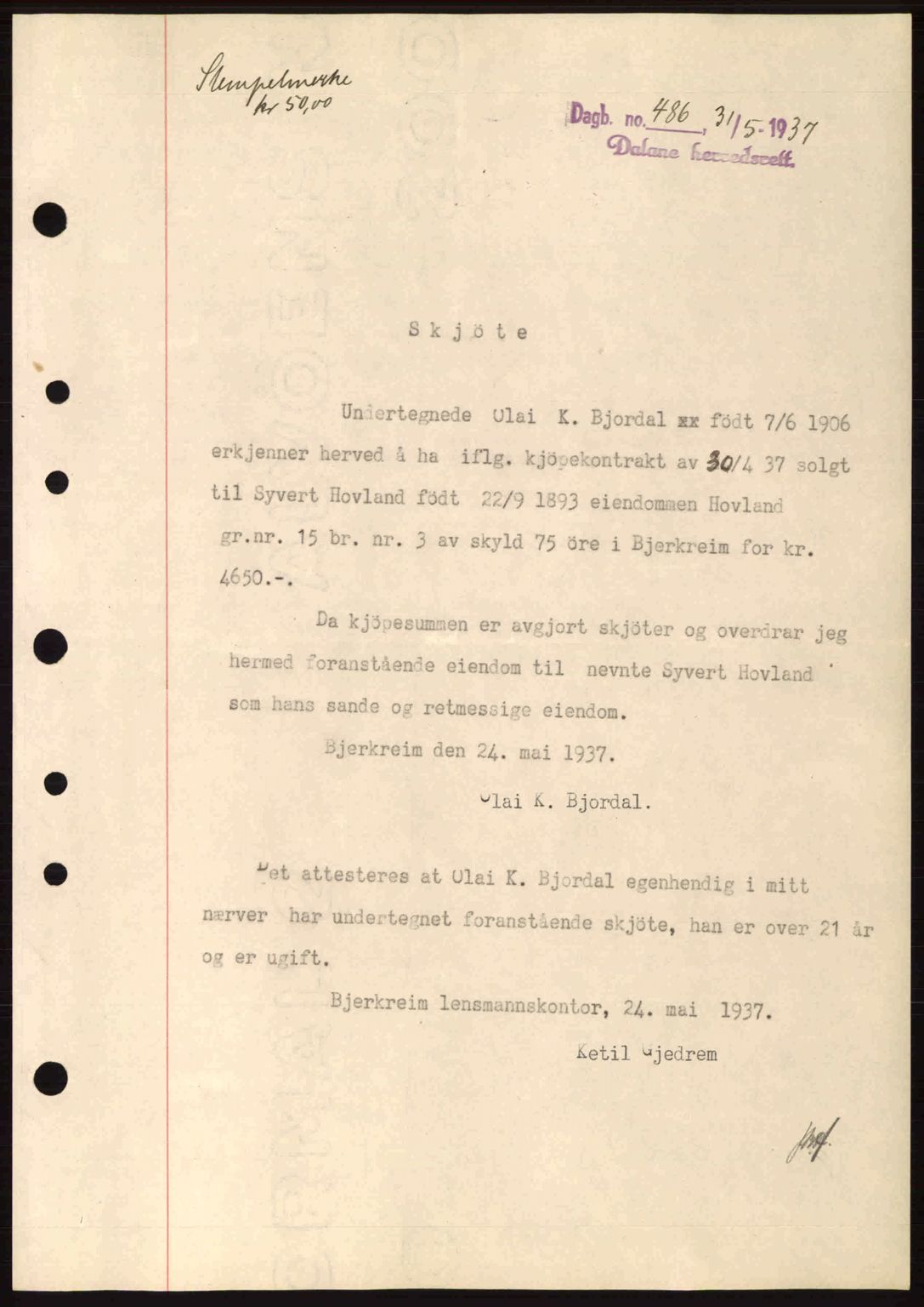 Dalane sorenskriveri, SAST/A-100309/02/G/Gb/L0041: Pantebok nr. A2, 1936-1937, Dagboknr: 486/1937