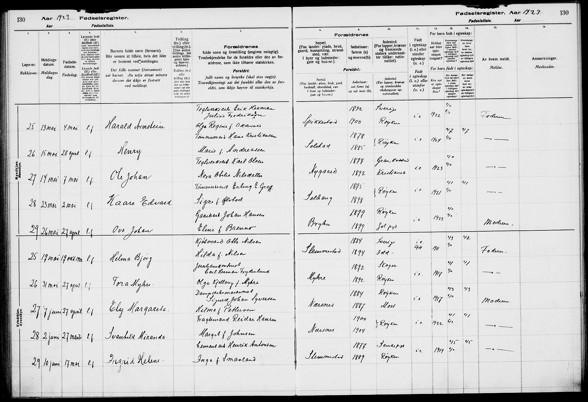 Røyken kirkebøker, SAKO/A-241/J/Ja/L0001: Fødselsregister nr. 1, 1916-1927, s. 130