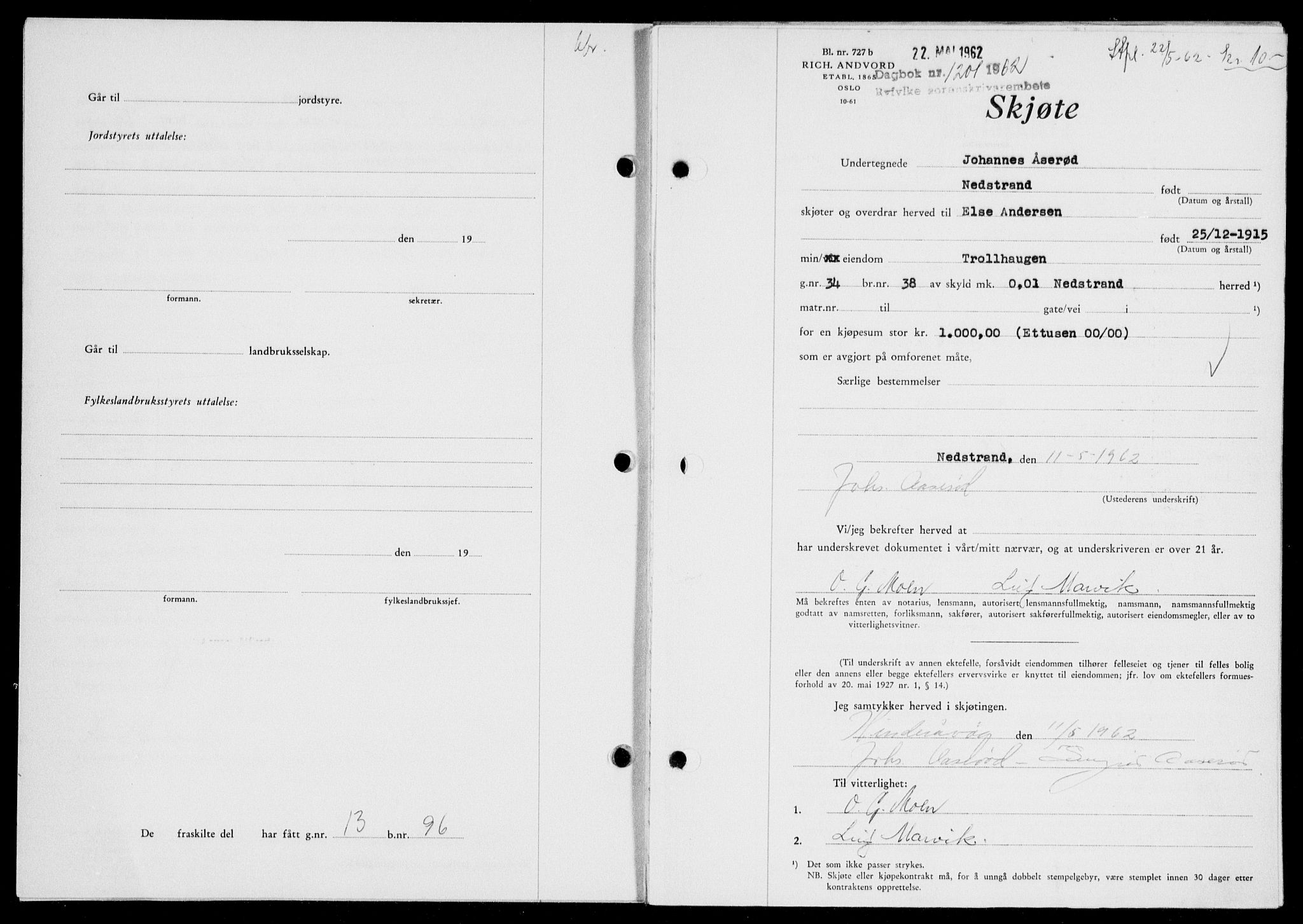 Ryfylke tingrett, SAST/A-100055/001/II/IIB: Pantebok nr. 135-142, 1961-1962, Dagboknr: 1201/1962