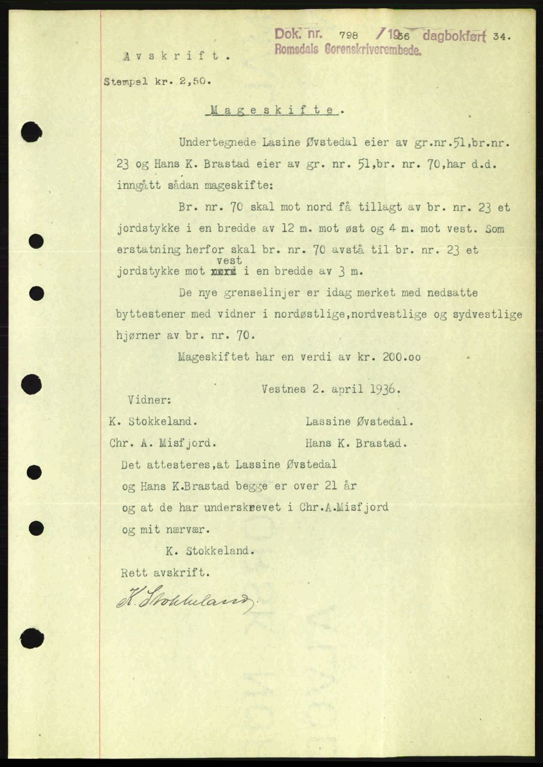 Romsdal sorenskriveri, SAT/A-4149/1/2/2C: Pantebok nr. A1, 1936-1936, Dagboknr: 798/1936