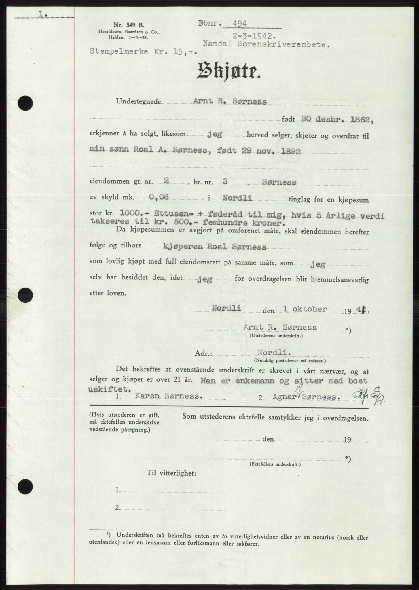 Namdal sorenskriveri, SAT/A-4133/1/2/2C: Pantebok nr. -, 1941-1942, Dagboknr: 494/1942