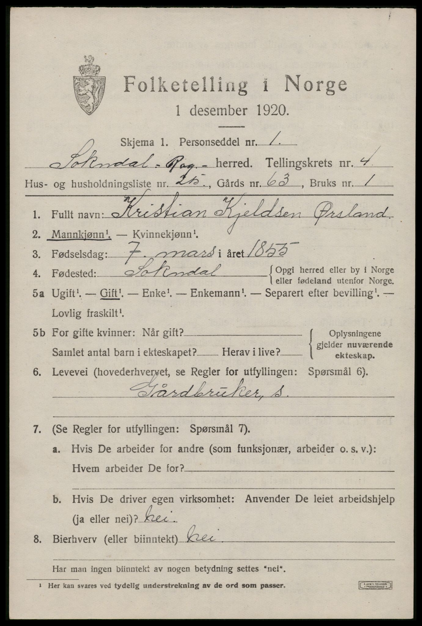 SAST, Folketelling 1920 for 1111 Sokndal herred, 1920, s. 3107